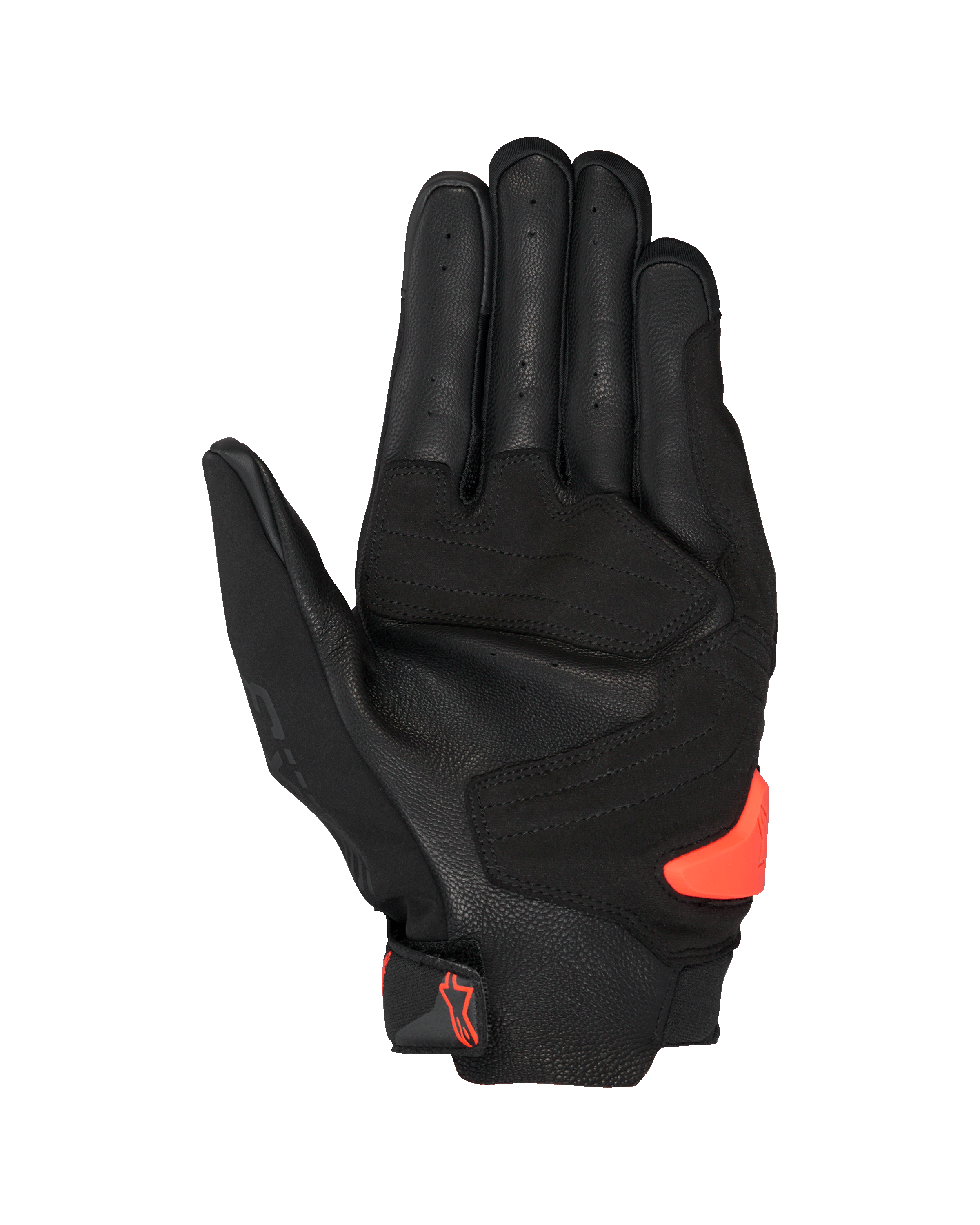 Alpinestars SP X 3 Handschuhe, Schwarz und Rot Fluo, Handflächenansicht mit perforiertem Leder, synthetischen Verstärkungen und einem leuchtend orangefarbenen TPR-Handflächen-Slider, Renn- und Sport-Motorradausrüstung