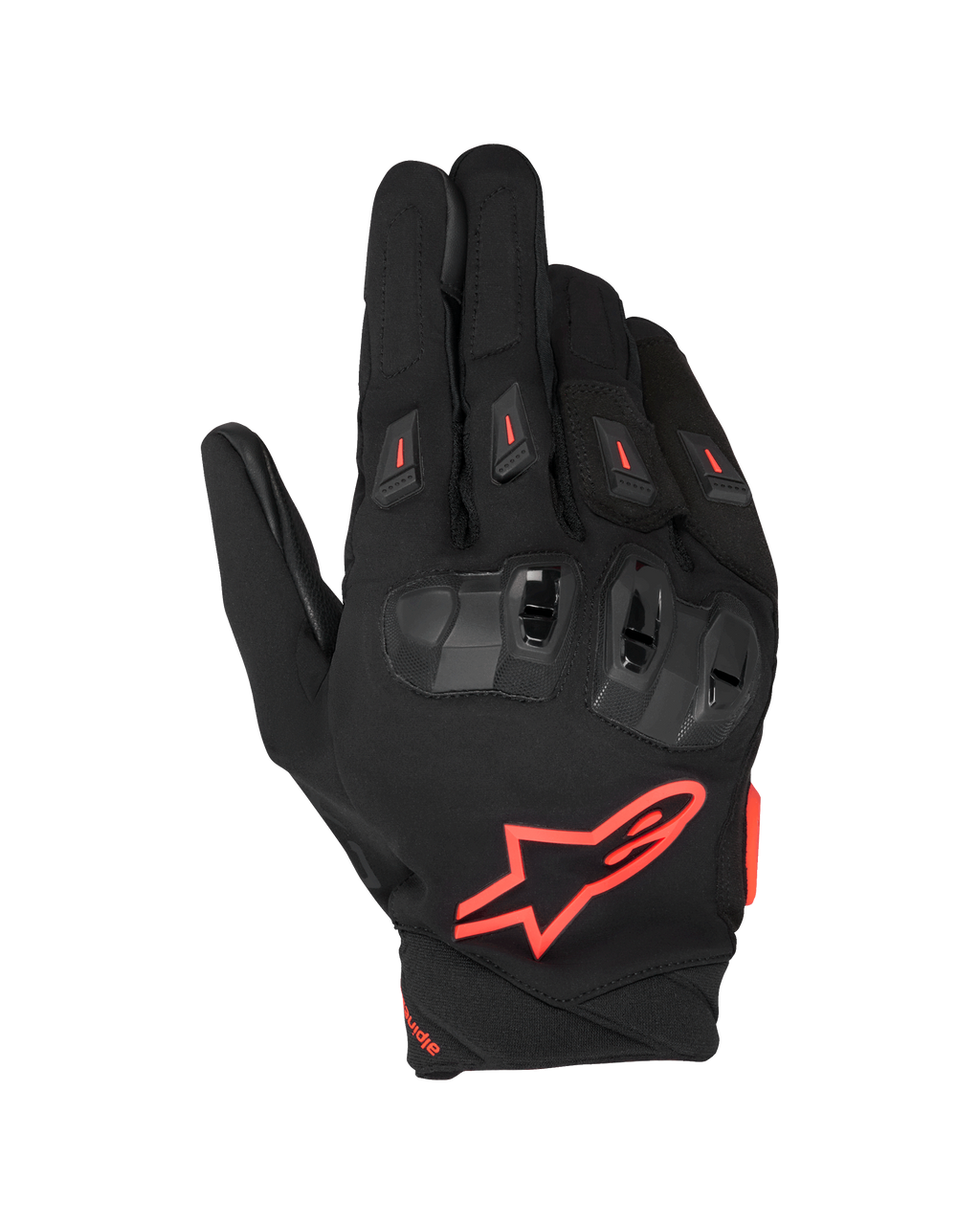 Alpinestars SP X 3 Handschuhe, Motorrad-Racing-Handschuhe, Schwarz und Rot Fluo, mit großem rotem Stern-Logo auf dem Handrücken, TPU-Knöchelschutz mit doppelter Dichte und roten Akzenten, belüftete Fingerschieber, sportliches Schutzdesign für Straßenfahrten