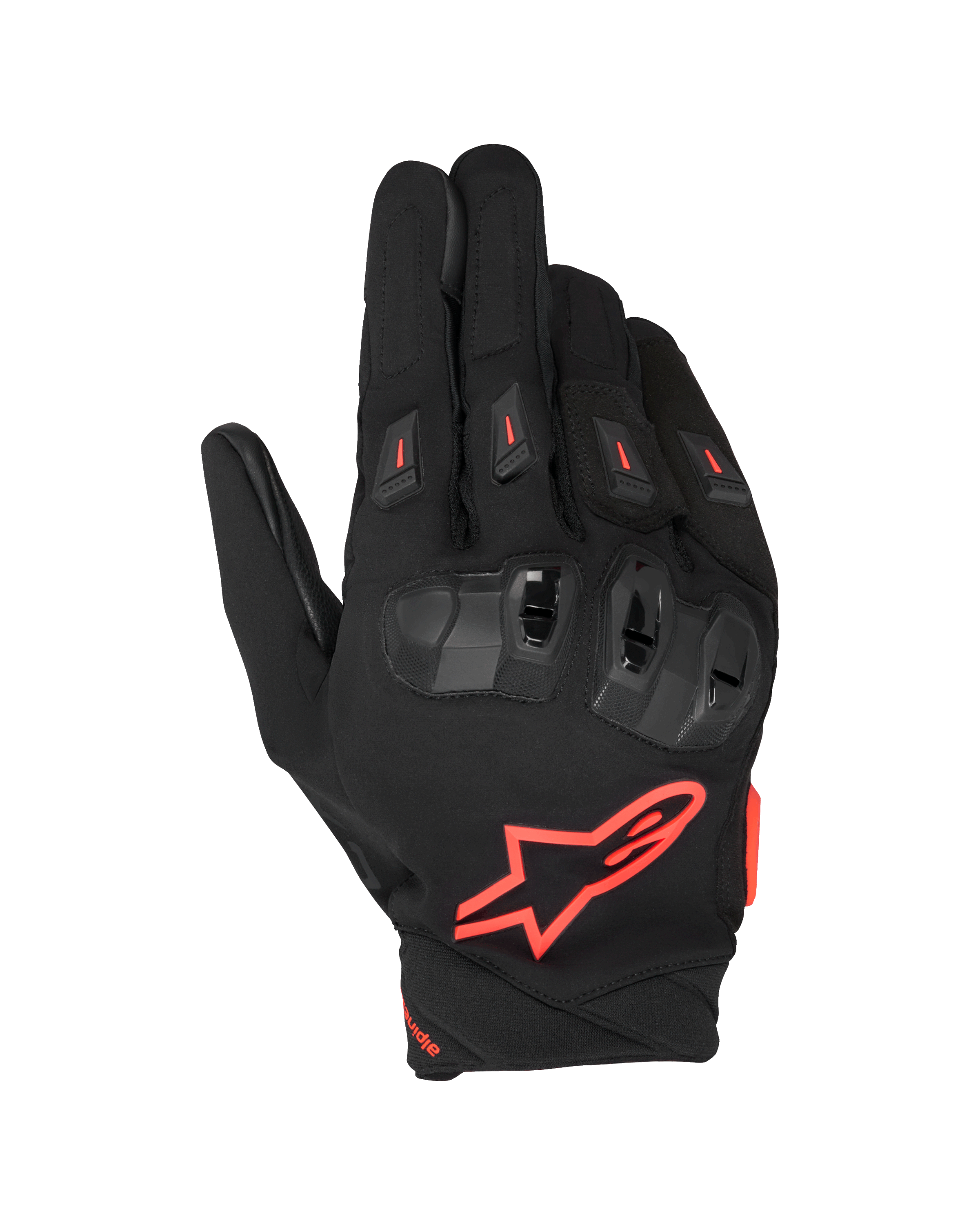 Alpinestars SP X 3 Handschuhe, Motorrad-Racing-Handschuhe, Schwarz und Rot Fluo, mit großem rotem Stern-Logo auf dem Handrücken, TPU-Knöchelschutz mit doppelter Dichte und roten Akzenten, belüftete Fingerschieber, sportliches Schutzdesign für Straßenfahrten