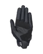 Alpinestars SP X 3 Gloves, Black and White motorcycle gloves, palm side view showing perforated leather for ventilation, synthetic leather overlays for enhanced grip and durability, reinforced impact zones, and short-cuff design with a white Alpinestars logo on the pull tab.
