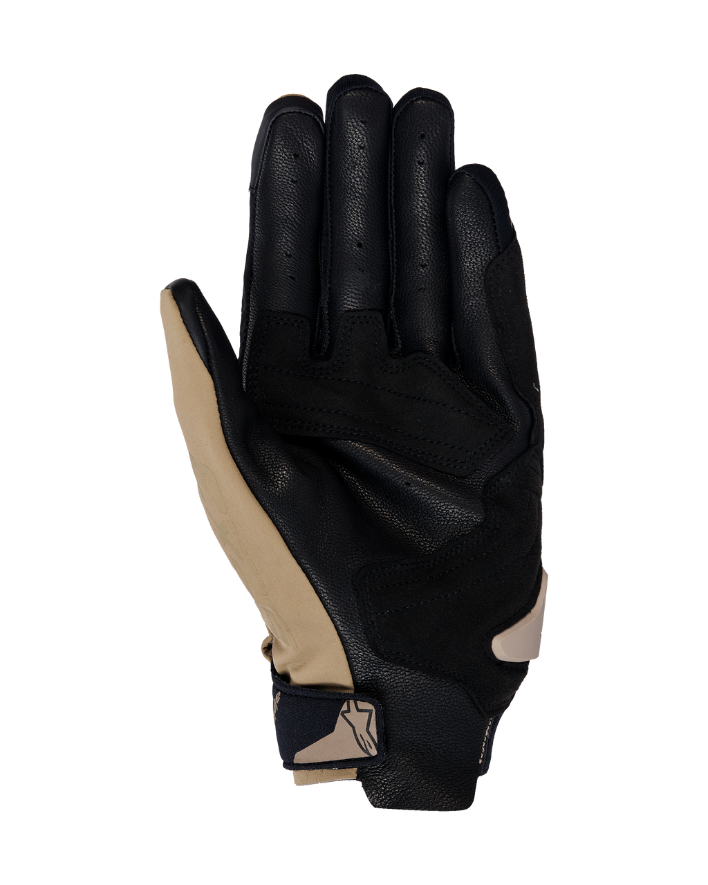 Alpinestars SP X 3 Handschuhe, Motorradhandschuhe, Dark Khaki Sand Black, Handflächenansicht mit perforiertem schwarzem Leder und khakifarbenen Synthetik-Überzügen, kompakter Handgelenkverschluss mit Logo, ergonomisches Design für Sport- und Straßenfahrten
