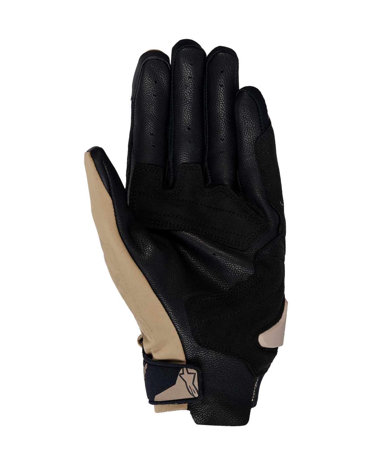 Alpinestars SP X 3 Handschuhe, Motorradhandschuhe, Dark Khaki Sand Black, Handflächenansicht mit perforiertem schwarzem Leder und khakifarbenen Synthetik-Überzügen, kompakter Handgelenkverschluss mit Logo, ergonomisches Design für Sport- und Straßenfahrten