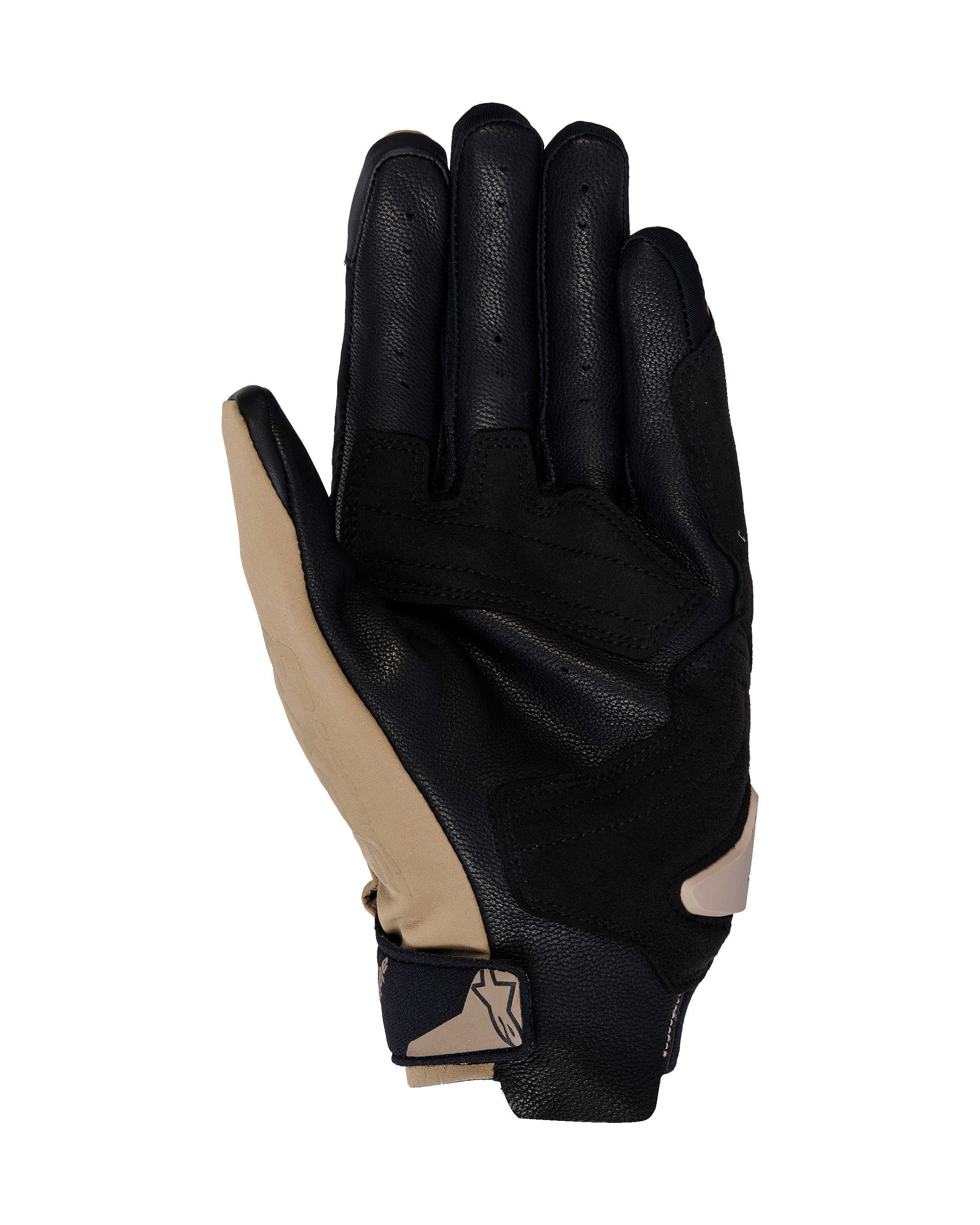 Alpinestars SP X 3 Handschuhe, Motorradhandschuhe, Dark Khaki Sand Black, Handflächenansicht mit perforiertem schwarzem Leder und khakifarbenen Synthetik-Überzügen, kompakter Handgelenkverschluss mit Logo, ergonomisches Design für Sport- und Straßenfahrten