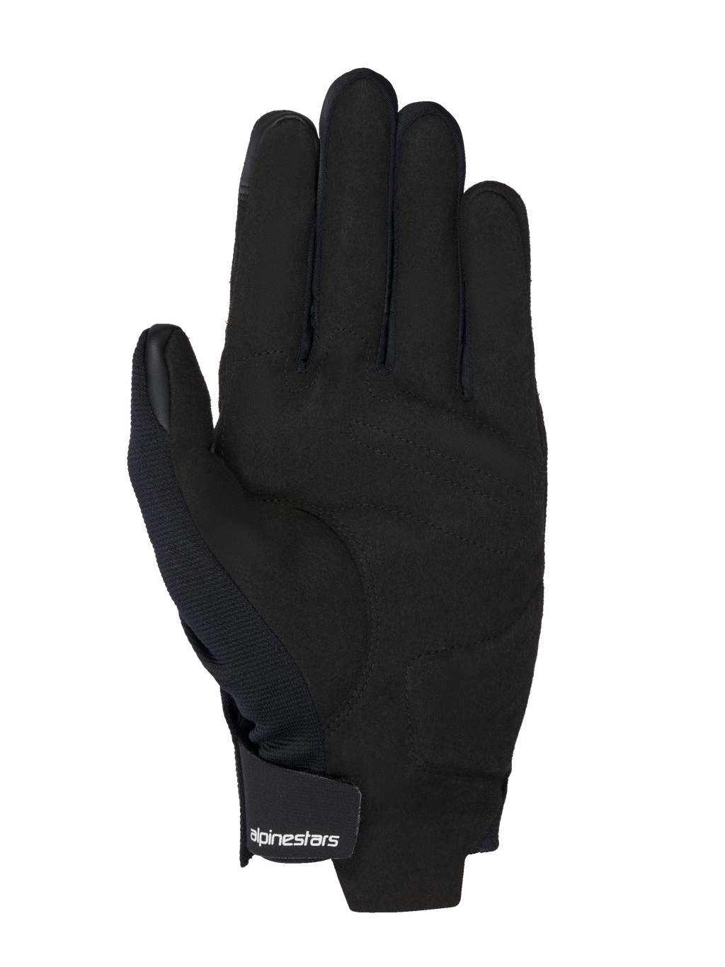 Alpinestars MM93 Reef V2 Handschuhe, Handflächenansicht aus schwarzem synthetischem Wildleder, gepolsterte Handflächenverstärkung, touchscreen-kompatible Fingerspitzen, Klettverschluss am Handgelenk mit weißem Logo