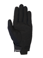 Alpinestars MM93 Reef V2 Handschuhe, Handflächenansicht aus schwarzem synthetischem Wildleder, gepolsterte Handflächenverstärkung, touchscreen-kompatible Fingerspitzen, Klettverschluss am Handgelenk mit weißem Logo