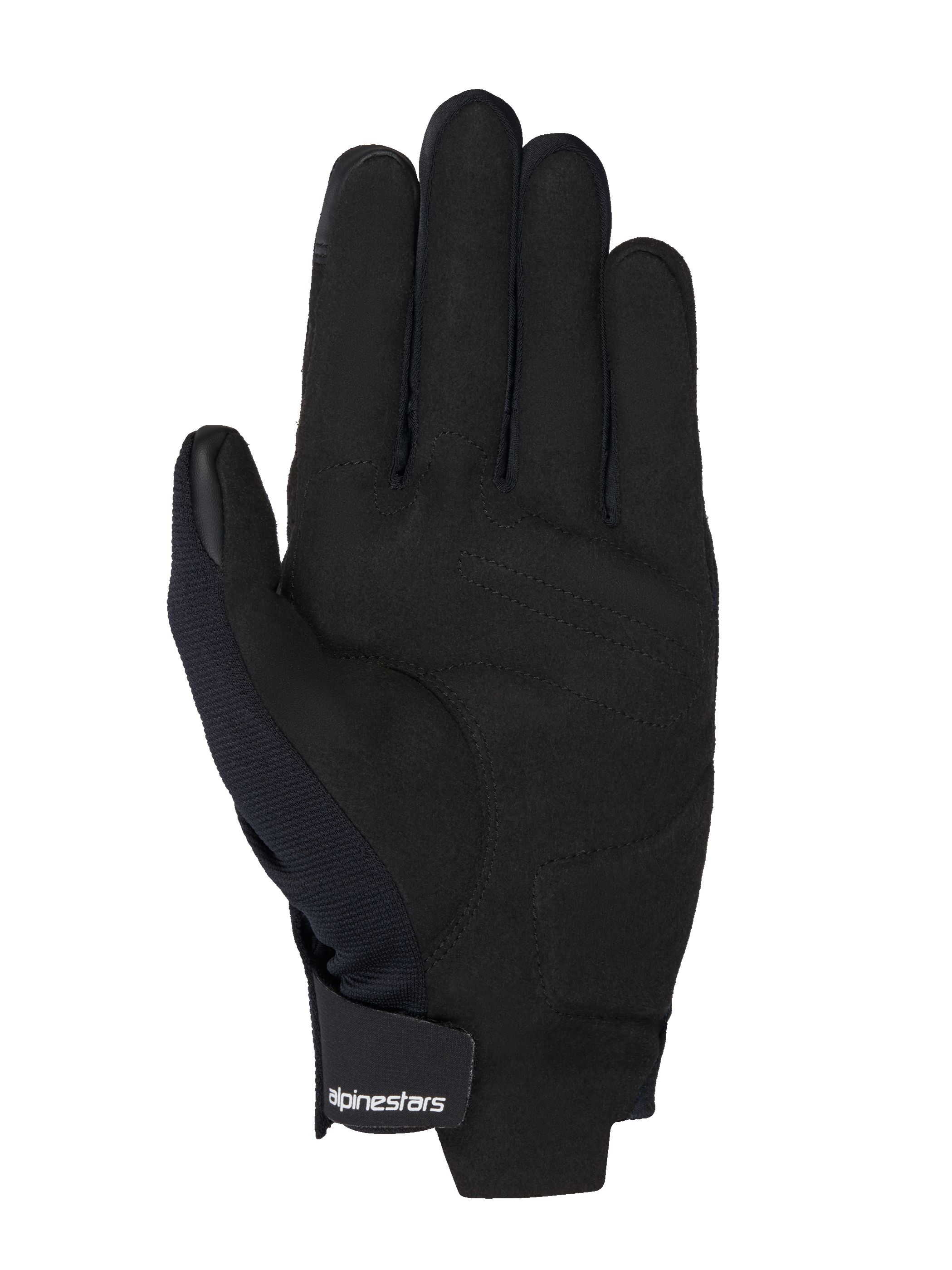 Alpinestars MM93 Reef V2 Handschuhe, Handflächenansicht aus schwarzem synthetischem Wildleder, gepolsterte Handflächenverstärkung, touchscreen-kompatible Fingerspitzen, Klettverschluss am Handgelenk mit weißem Logo