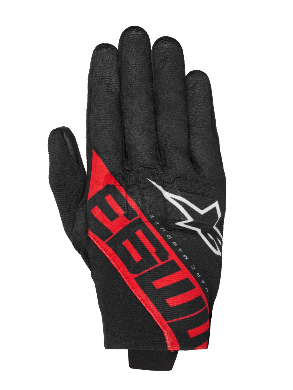 Alpinestars MM93 Reef V2 Handschuhe, Motorradhandschuhe, Schwarz und leuchtendes Rot, mit markanten roten 93-Grafiken und weißem Stern-Logo, Marc Márquez Signature-Design, Textilkonstruktion mit kurzer Manschette