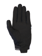 Alpinestars MM93 Reef V2 Gloves, Palm View, Black with Bright Red and White accents, features synthetic suede palm, padded reinforcements, and hook-and-loop wrist strap with Alpinestars branding, modern urban motorcycle gear