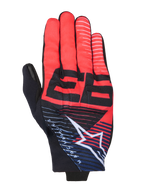 Alpinestars MM93 Reef V2 Handschuhe, Motorradhandschuhe, Rot und Schwarz mit navyblauen Akzenten, markante schwarze 93-Grafik, weißes Alpinestars Stern-Logo mit Streifen, modernes sportliches Design aus atmungsaktivem Stretchgewebe