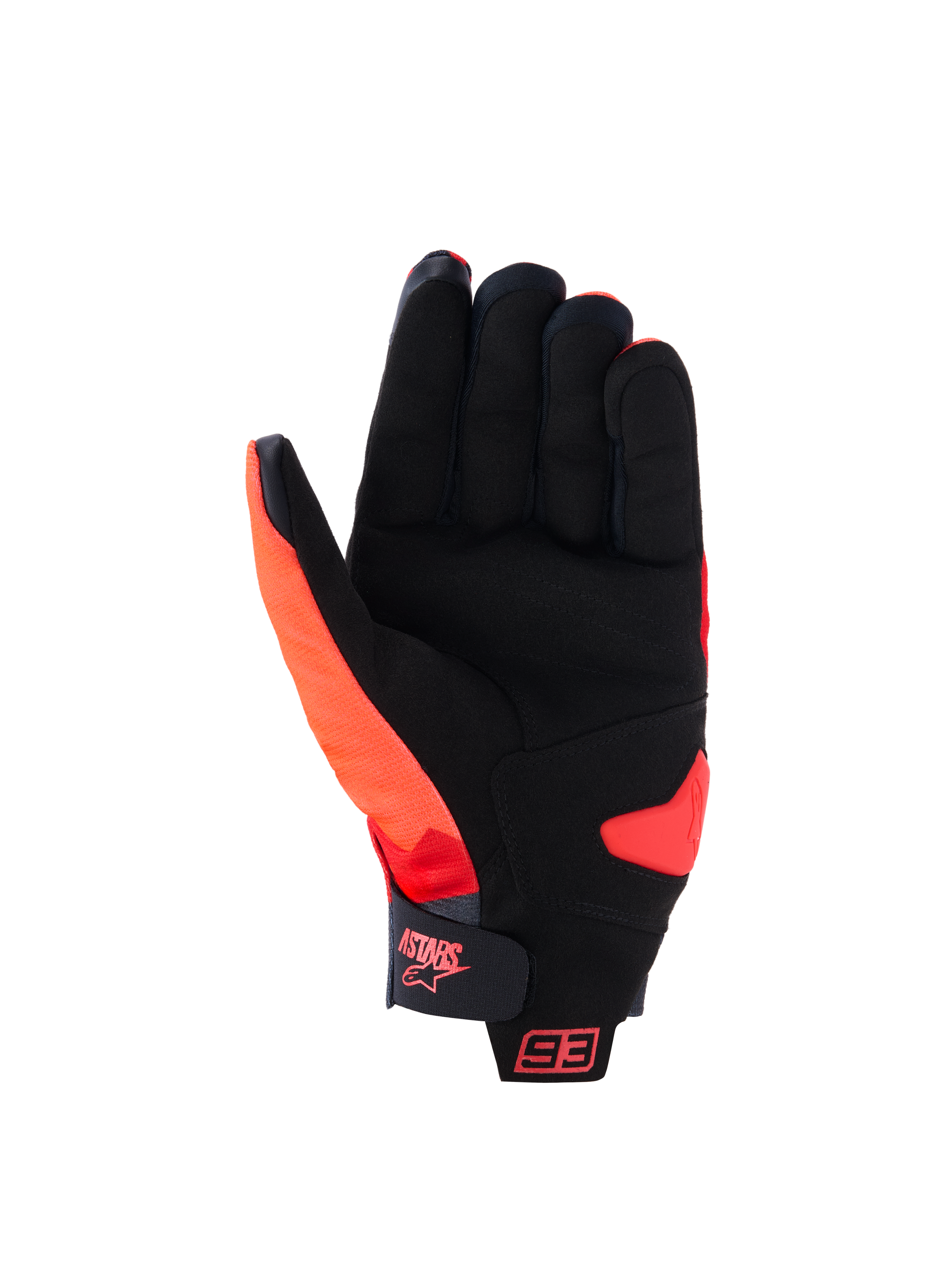 Alpinestars MM93 Reef V2 Handschuhe, Handflächenansicht, Rot Fluo Hellrot Schwarz, mit einer Handfläche aus synthetischem Wildleder mit gepolsterter Verstärkung, Klettverschluss am Handgelenk mit Astars-Logo und 93-Branding, Urban-Motorradhandschuhe