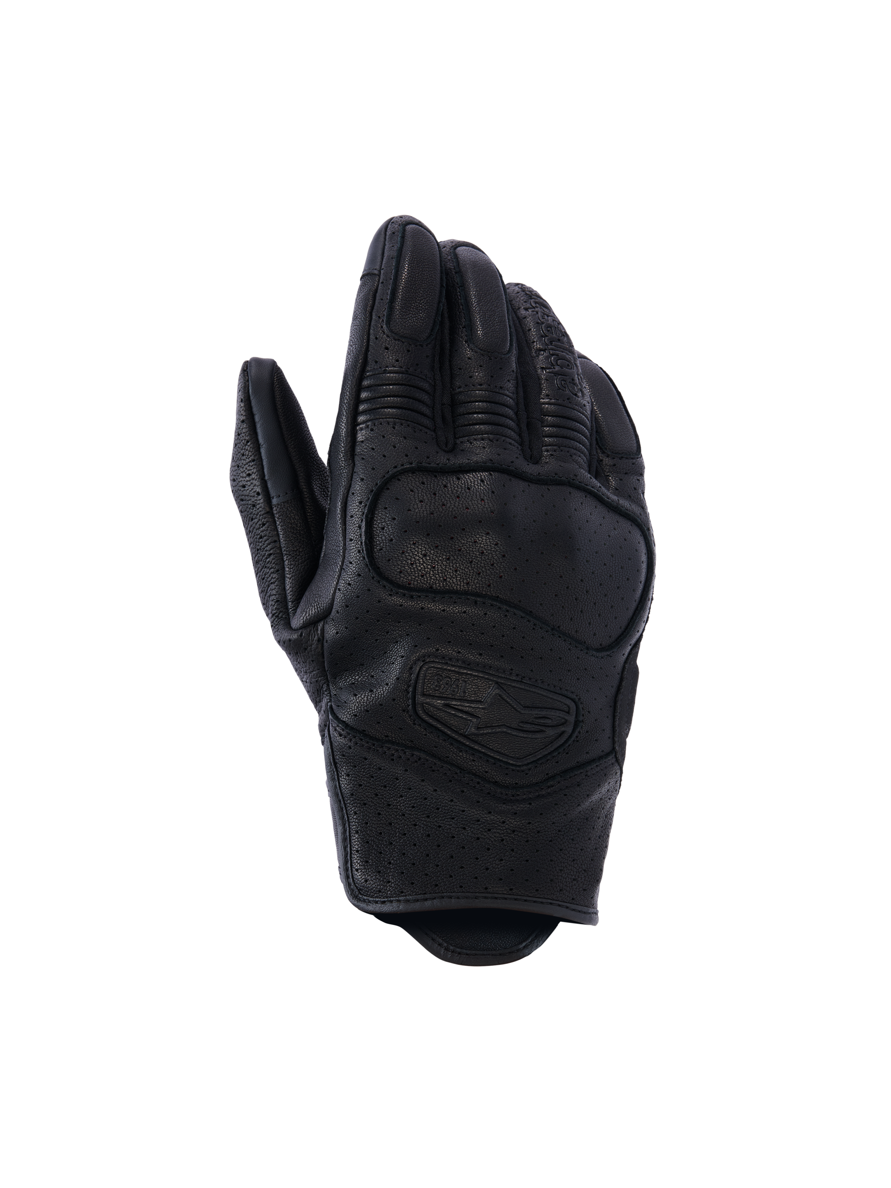Alpinestars Mustang V3 Lederhandschuhe, Motorradhandschuhe, Schwarz, Konstruktion aus perforiertem Ziegenleder, integrierter NUCLEON PLASMA-Knöchelschutz, kurzes Bündchen für urbane Fahrten