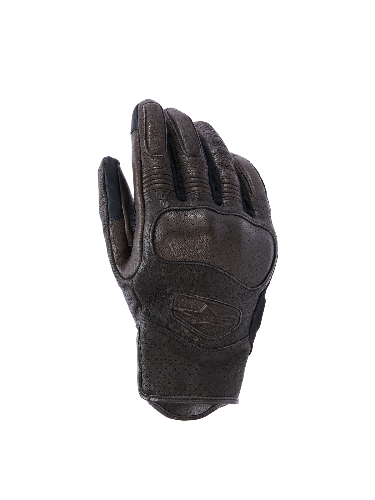 Alpinestars Mustang V3 Leather Gloves, Urban Motorcycle Gloves, Dark Brown and Black, featuring laser-perforated goat leather construction, integrated knuckle protection, and embossed logo, short cuff design