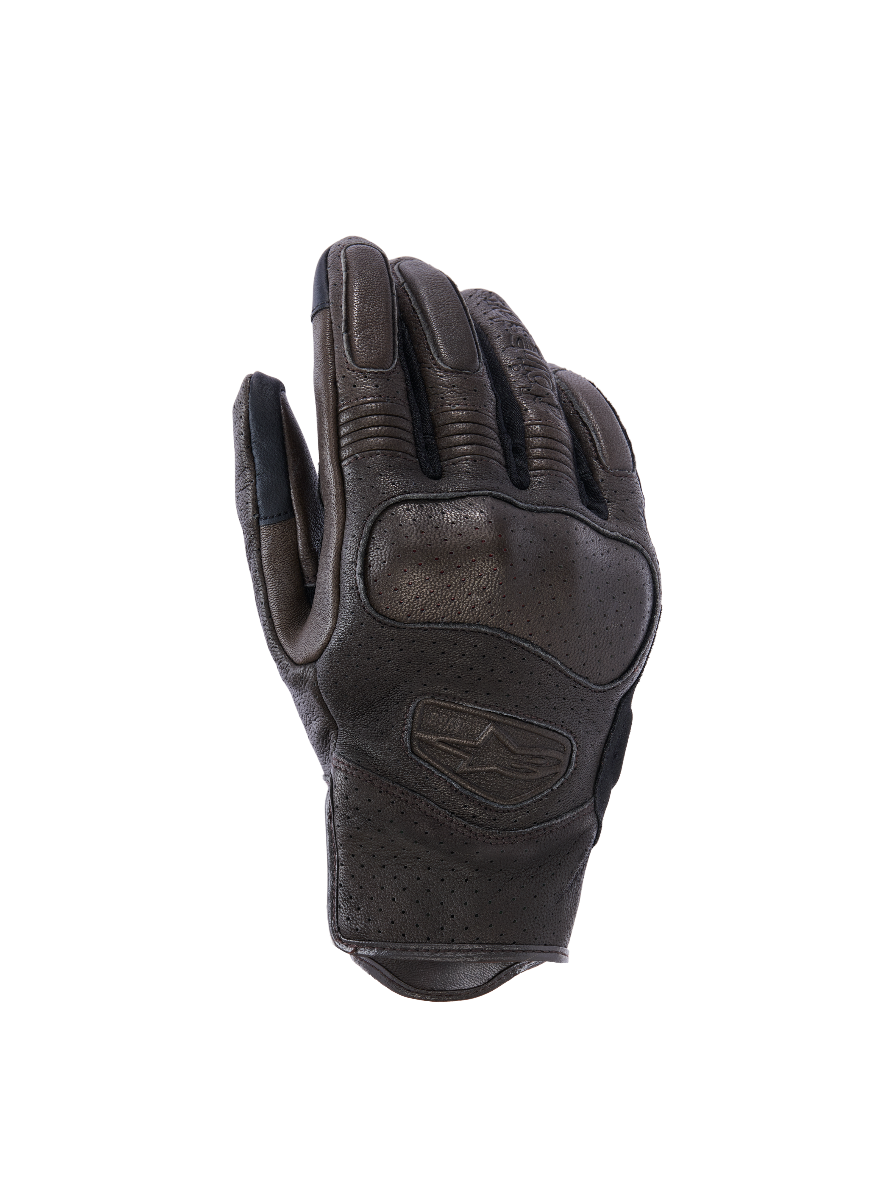 Alpinestars Mustang V3 Leather Gloves, Urban Motorcycle Gloves, Dark Brown and Black, featuring laser-perforated goat leather construction, integrated knuckle protection, and embossed logo, short cuff design