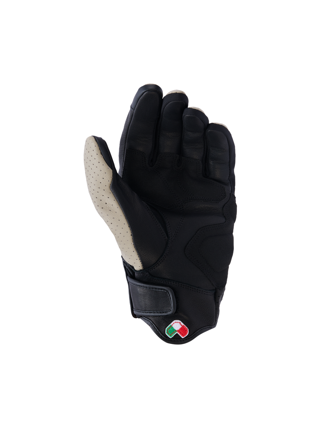 Alpinestars Mustang V3 Lederhandschuhe, Handflächenansicht, Aluminum Black, schwarzes Ziegenleder mit perforiertem hellgrauem Daumenbereich, verstärkte Handflächen- und Daumenzonen, kurzes Bündchen mit Klettverschluss, Heritage-inspirierte urbane Motorradhandschuhe
