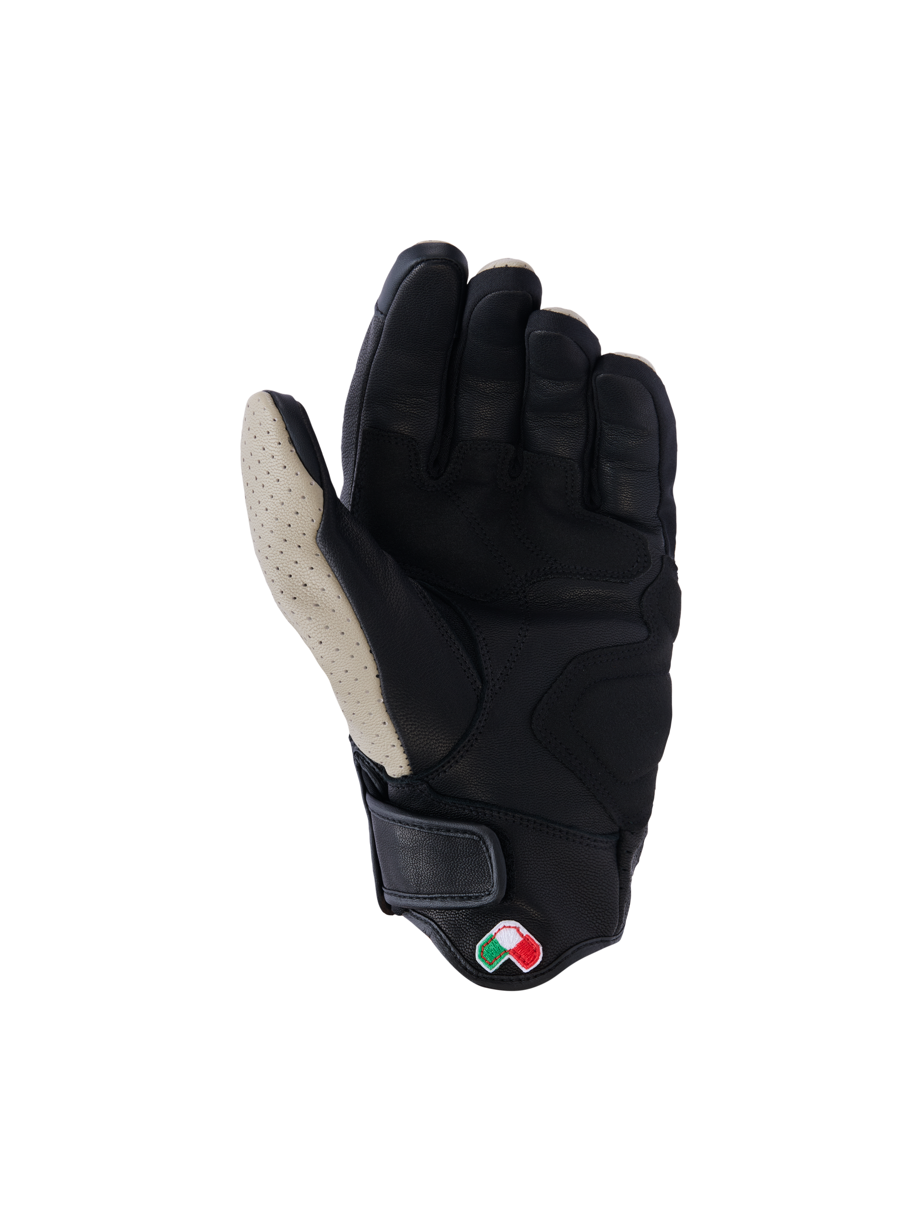 Alpinestars Mustang V3 Lederhandschuhe, Handflächenansicht, Aluminum Black, schwarzes Ziegenleder mit perforiertem hellgrauem Daumenbereich, verstärkte Handflächen- und Daumenzonen, kurzes Bündchen mit Klettverschluss, Heritage-inspirierte urbane Motorradhandschuhe
