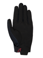 Honda Reef V2 Handschuhe, Handflächenansicht, schwarzes synthetisches Wildleder mit gepolsterter Verstärkung, rotes Alpinestars-Logo auf dem Klettverschluss am Handgelenk, kurzes Manschettendesign zum Motorradfahren