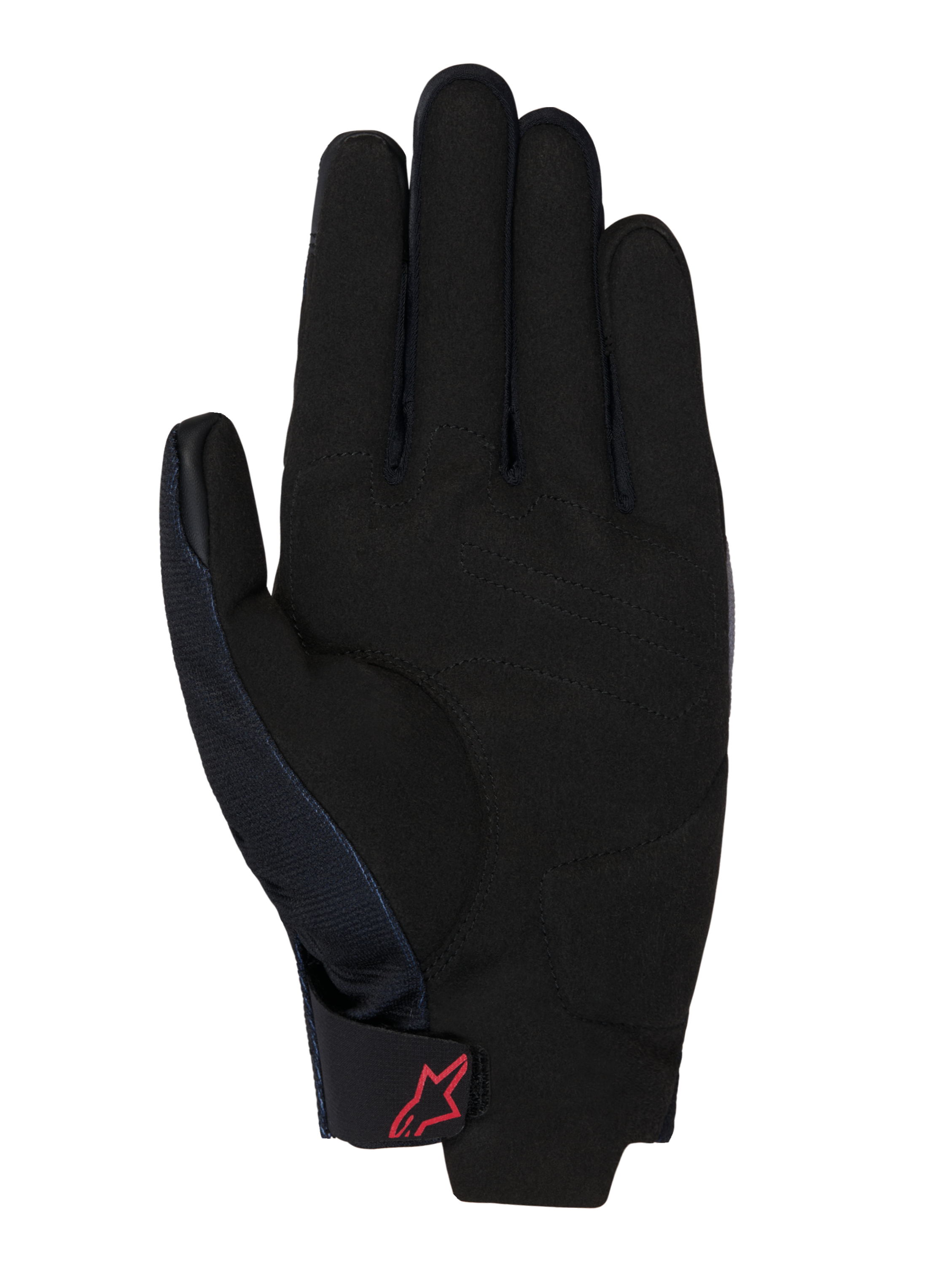 Honda Reef V2 Handschuhe, Handflächenansicht, schwarzes synthetisches Wildleder mit gepolsterter Verstärkung, rotes Alpinestars-Logo auf dem Klettverschluss am Handgelenk, kurzes Manschettendesign zum Motorradfahren