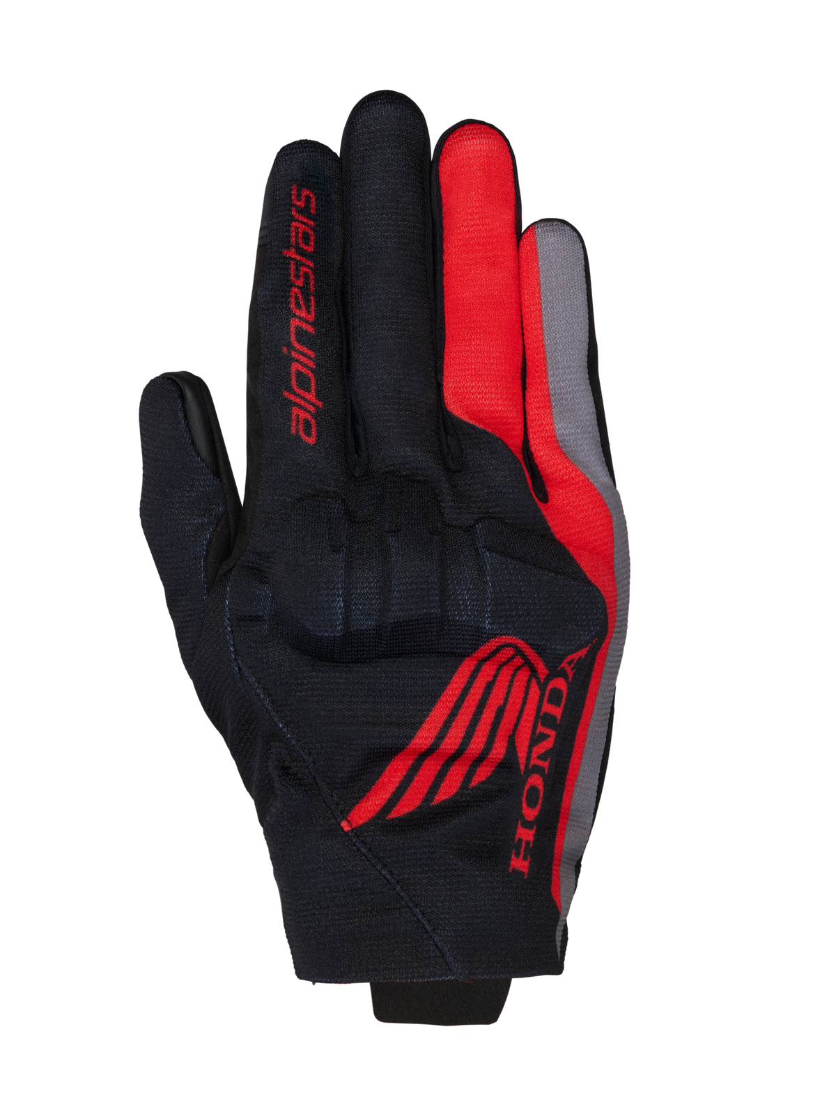 Alpinestars Honda Reef V2 Handschuhe, Motorradhandschuhe, Schwarz mit leuchtend roten und dunkelgrauen Akzenten, mit rotem Honda Wing-Logo und Alpinestars-Branding, atmungsaktive Textilkonstruktion mit integriertem Knöchelschutz, kurzes Manschettendesign