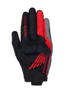 Alpinestars Honda Reef V2 Handschuhe, Motorradhandschuhe, Schwarz mit leuchtend roten und dunkelgrauen Akzenten, mit rotem Honda Wing-Logo und Alpinestars-Branding, atmungsaktive Textilkonstruktion mit integriertem Knöchelschutz, kurzes Manschettendesign
