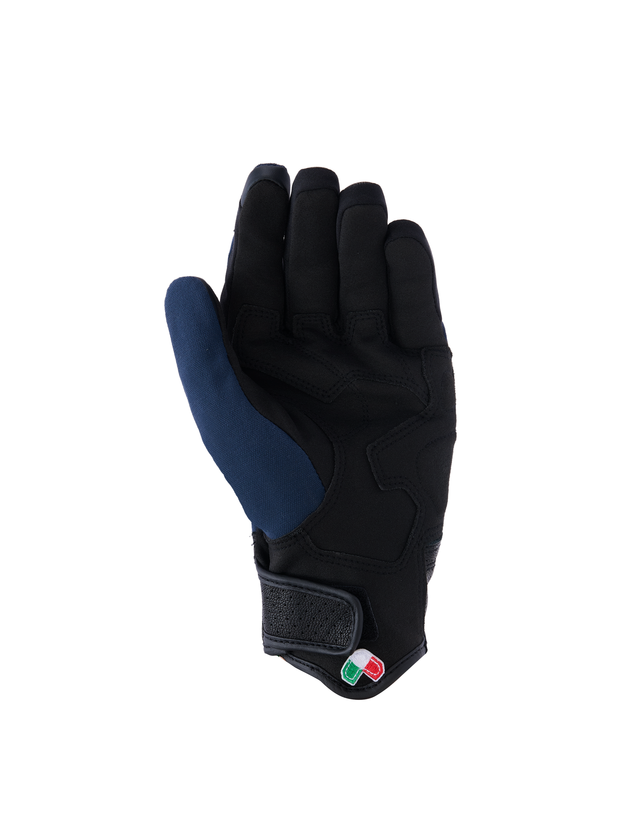 Alpinestars Tracker Handschuhe, Handflächenansicht, Dunkelblau und Schwarz, mit verstärkter Handfläche aus synthetischem Wildleder, kurzes Bündchen mit Klettverschluss und kleinem dreifarbigen Logo-Detail, urbane Motorradausrüstung
