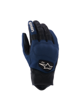 Alpinestars Tracker Handschuhe, Urbane Motorradhandschuhe, Dunkelblau und Schwarz, Textil-Handrücken mit perforierten Lederfingern und -bündchen, Stretch-Akkordeoneinsätze, 1963 Heritage-Logo-Patch, Workwear-inspirierter Stil