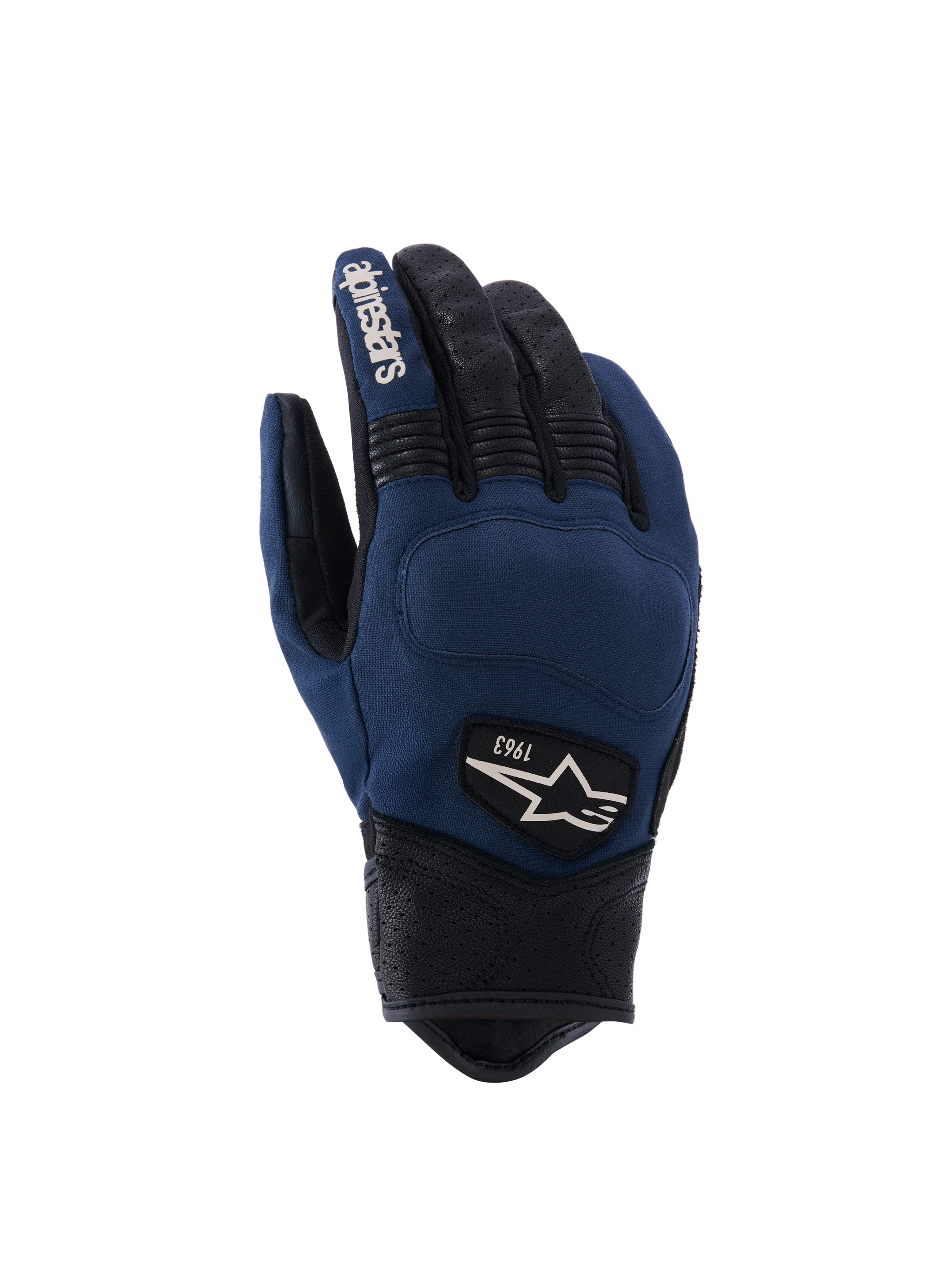 Alpinestars Tracker Handschuhe, Urbane Motorradhandschuhe, Dunkelblau und Schwarz, Textil-Handrücken mit perforierten Lederfingern und -bündchen, Stretch-Akkordeoneinsätze, 1963 Heritage-Logo-Patch, Workwear-inspirierter Stil
