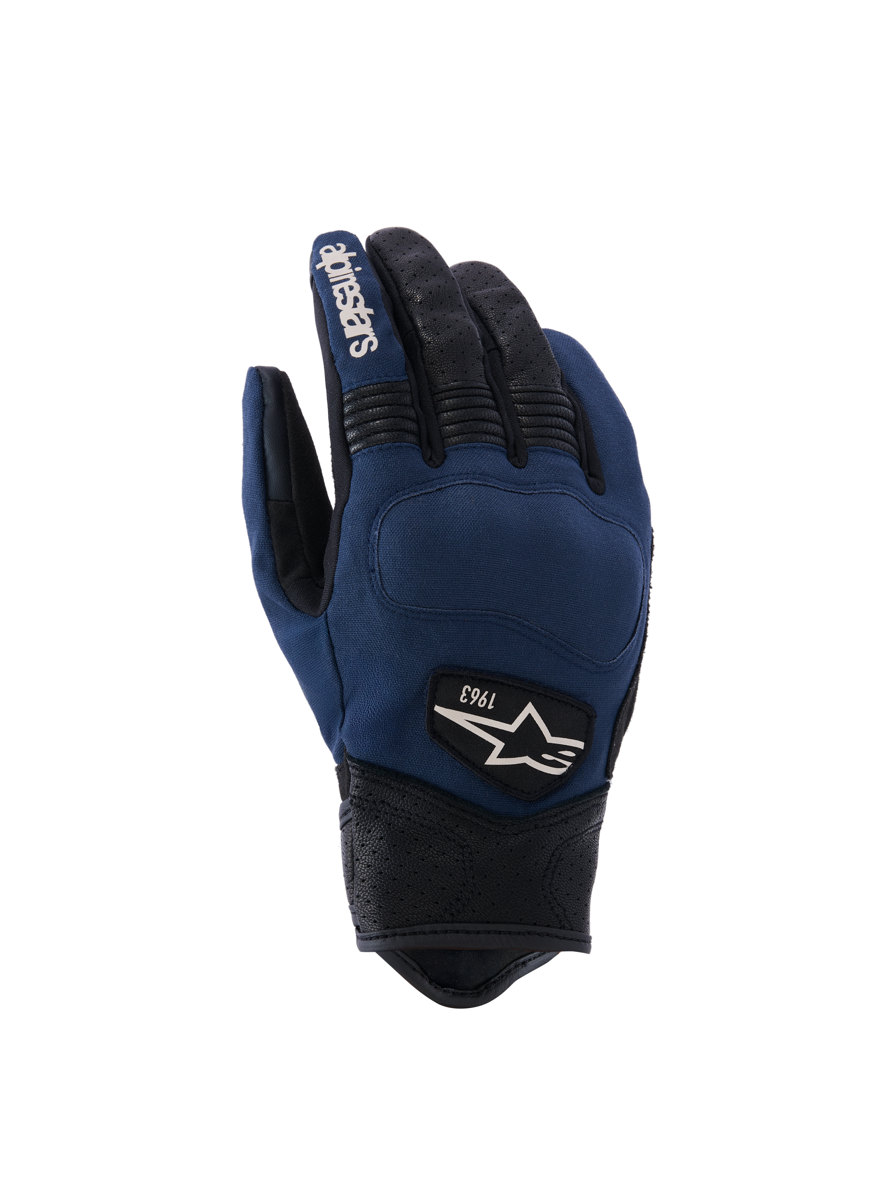 Alpinestars Tracker Gloves, Urban Motorcycle Gloves, Dark Blue and Black, textile backhand with perforated leather fingers and cuff, stretch accordion inserts, heritage 1963 logo patch, workwear-inspired style