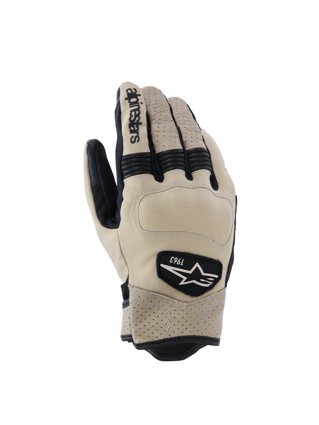 Alpinestars Tracker Handschuhe, Motorradhandschuhe, Beige und Schwarz, mit perforiertem Leder, schwarzen Akkordeon-Stretcheinsätzen und 1963 Heritage-Logo-Patch, urbaner Workwear-Stil