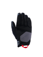 Alpinestars Durack Handschuhe, Motorradhandschuhe, Schwarz, Dunkelgrau und Leuchtend Rot, Handflächenansicht mit Konstruktion aus synthetischem Wildleder, grauem Verstärkungspatch und leuchtend roter Anziehschlaufe, Adventure- und Dual-Sport-Fahrerausrüstung