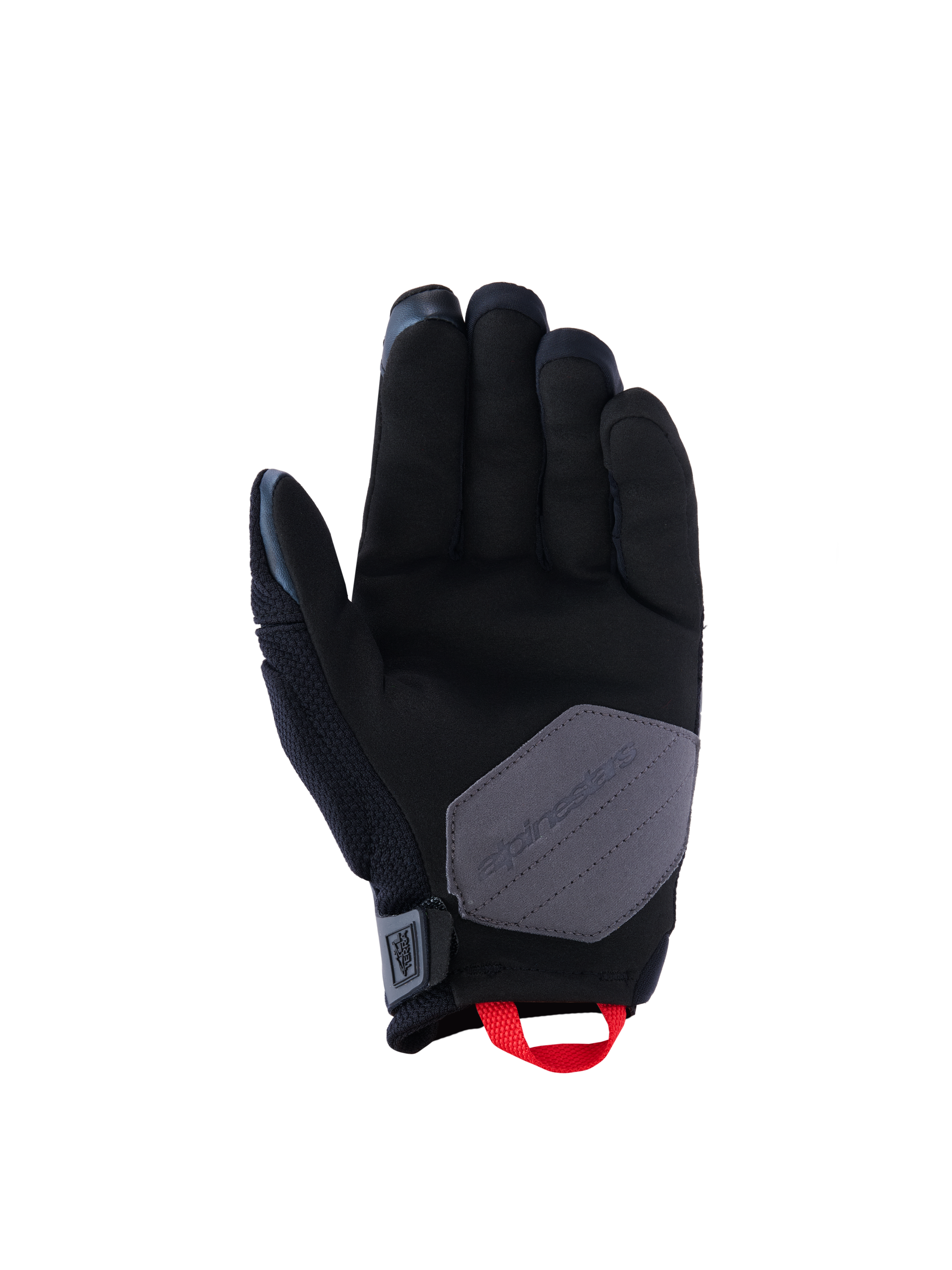 Alpinestars Durack Handschuhe, Motorradhandschuhe, Schwarz, Dunkelgrau und Leuchtend Rot, Handflächenansicht mit Konstruktion aus synthetischem Wildleder, grauem Verstärkungspatch und leuchtend roter Anziehschlaufe, Adventure- und Dual-Sport-Fahrerausrüstung