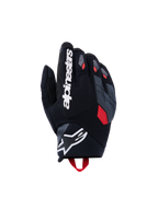 Alpinestars Durack Handschuhe, Motorradhandschuhe, Schwarz mit dunkelgrauen und leuchtend roten Akzenten, mit strukturiertem Textil-Handrücken, geteiltem grauem Knöchelschutz, großem weißem Alpinestars-Schriftzug auf dem Zeigefinger und weißem Stern-Logo am Neopren-Handgelenk.
