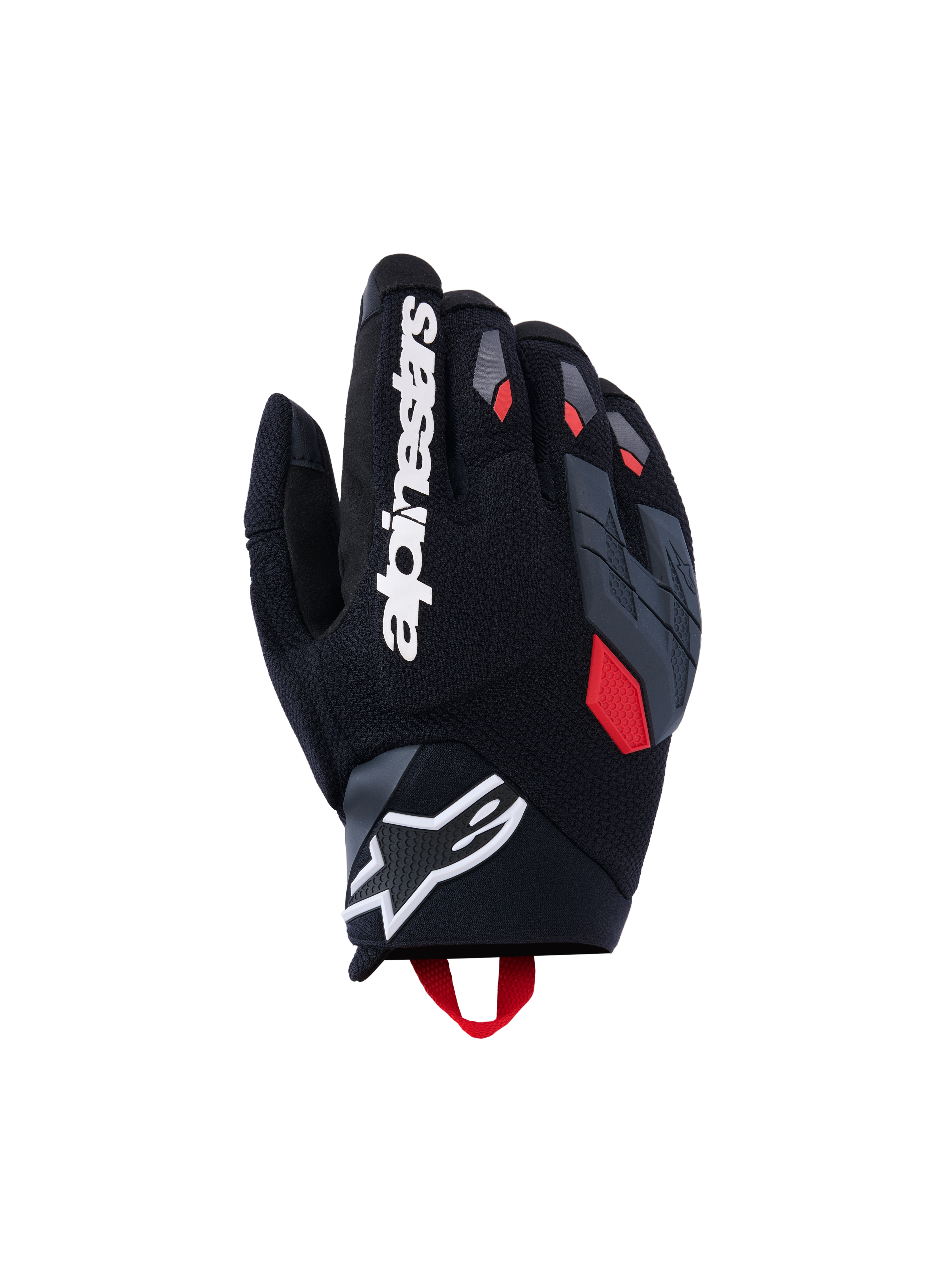 Alpinestars Durack Gloves, Motorcycle Gloves, Black with Deep Gray and Bright Red accents, featuring a textured textile backhand, divided gray knuckle protection, large white Alpinestars wordmark on the index finger, and a white star logo on the neoprene wrist.