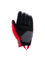 Alpinestars Durack Handschuhe, Motorradhandschuhe, Hellrot und Mittelgrau, Handflächenansicht mit Konstruktion aus synthetischem Wildleder, schwarze Handfläche mit grauem Verstärkungspatch, rote Seiteneinsätze und Zugschlaufe am Handgelenk