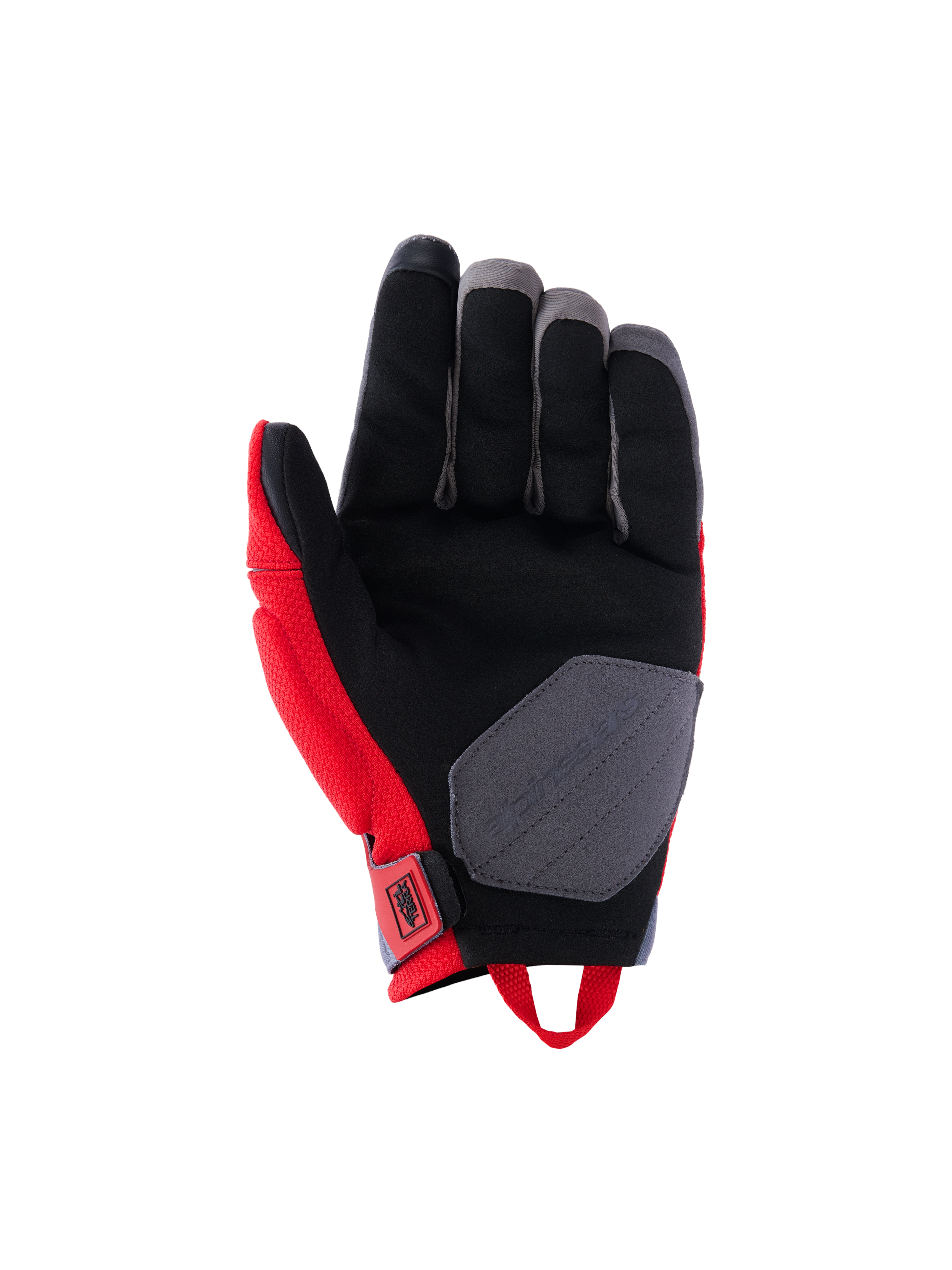 Alpinestars Durack Handschuhe, Motorradhandschuhe, Hellrot und Mittelgrau, Handflächenansicht mit Konstruktion aus synthetischem Wildleder, schwarze Handfläche mit grauem Verstärkungspatch, rote Seiteneinsätze und Zugschlaufe am Handgelenk