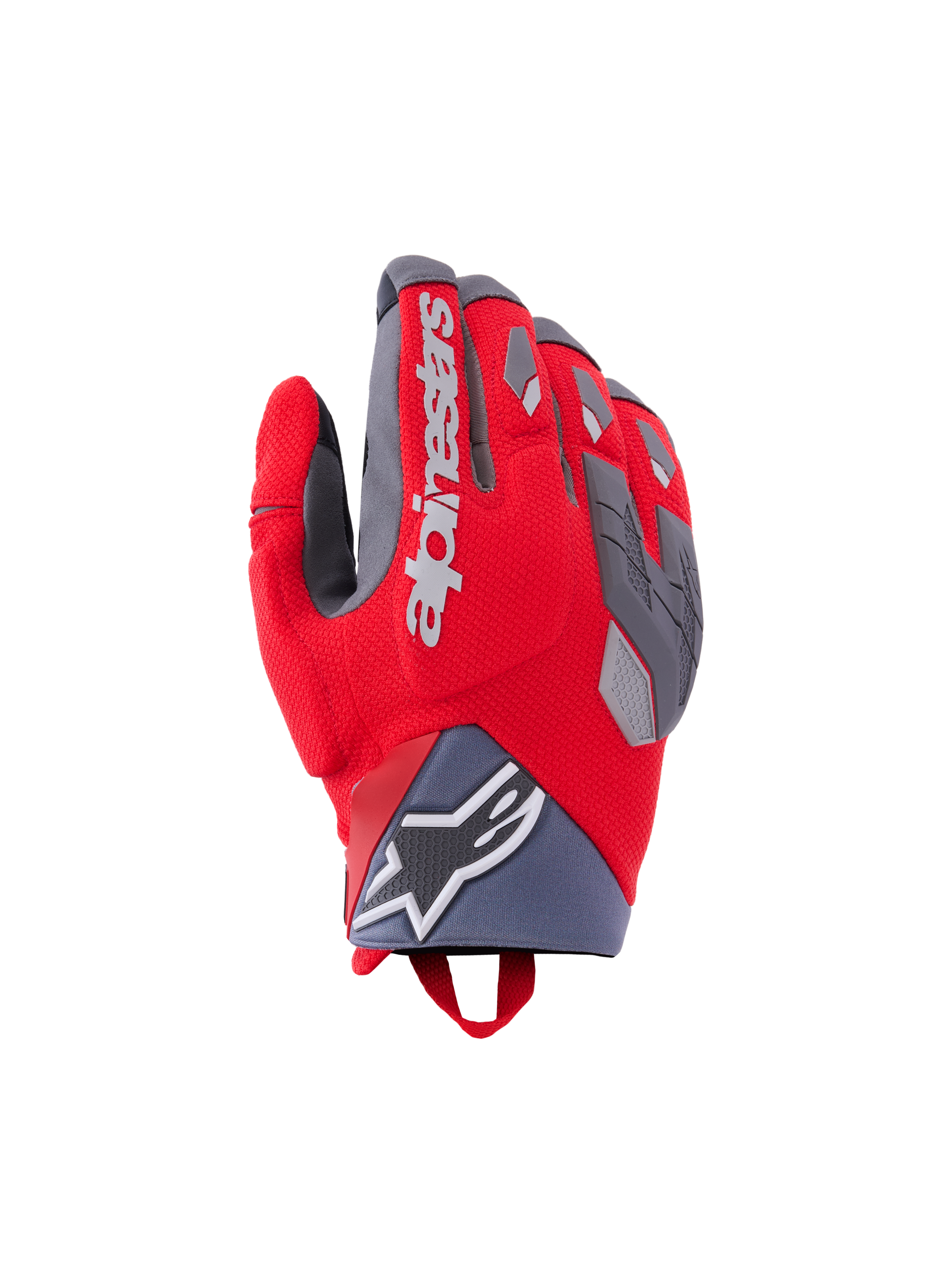 Alpinestars Durack Handschuhe, Motorradhandschuhe, Hellrot und Mittelgrau, geteilter Knöchelschutz mit grauen TPR-Akzenten, weißes Alpinestars-Branding auf dem Handrücken, Neopren-Bündchen mit Stern-Logo, Performance-Adventure-Design