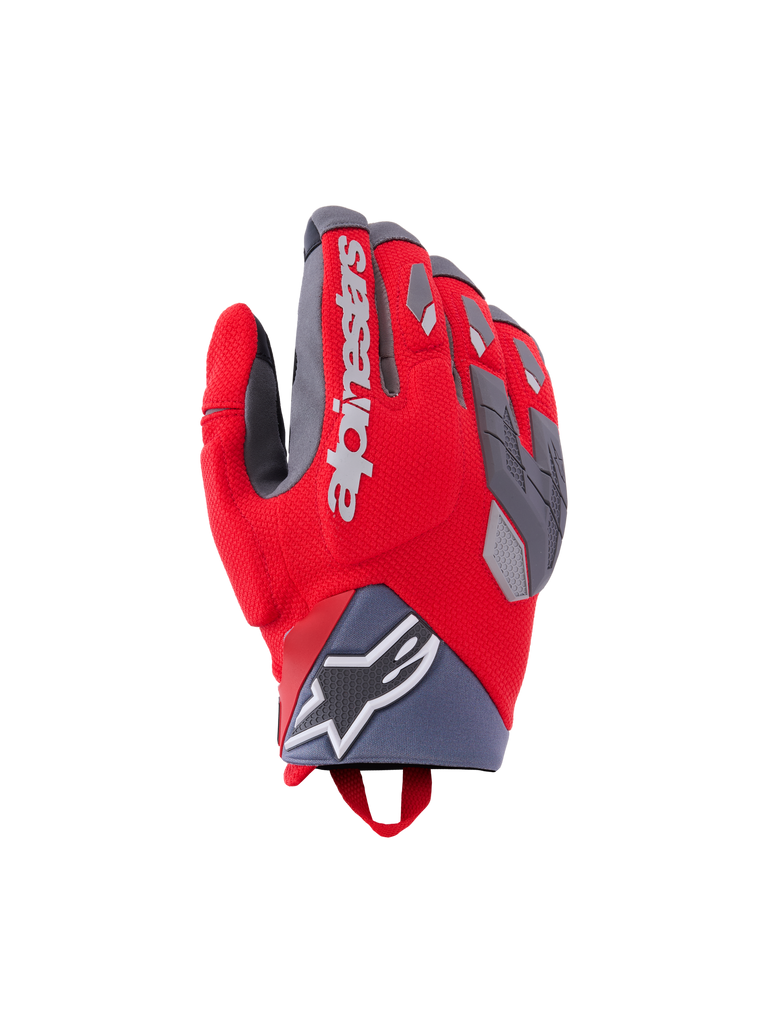 Alpinestars Durack Handschuhe, MTB-Handschuhe, Rot mit Grauen und Schwarzen Akzenten, Texturiertes Gewebe, Gepolsterte Schutzbereiche an Fingerspitzen und Knöcheln, Geometrische Muster, Handschlaufe am Handgelenk