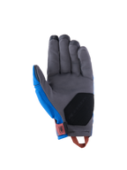 Alpinestars Durack Handschuhe, Adventure-Motorradhandschuhe, Royalblau und Dunkelgrau, Handflächenansicht mit grauer Konstruktion aus synthetischem Wildleder, schwarzer Verstärkungspolsterung am Handballen, roter Handgelenklasche und orangefarbener Anziehschlaufe.