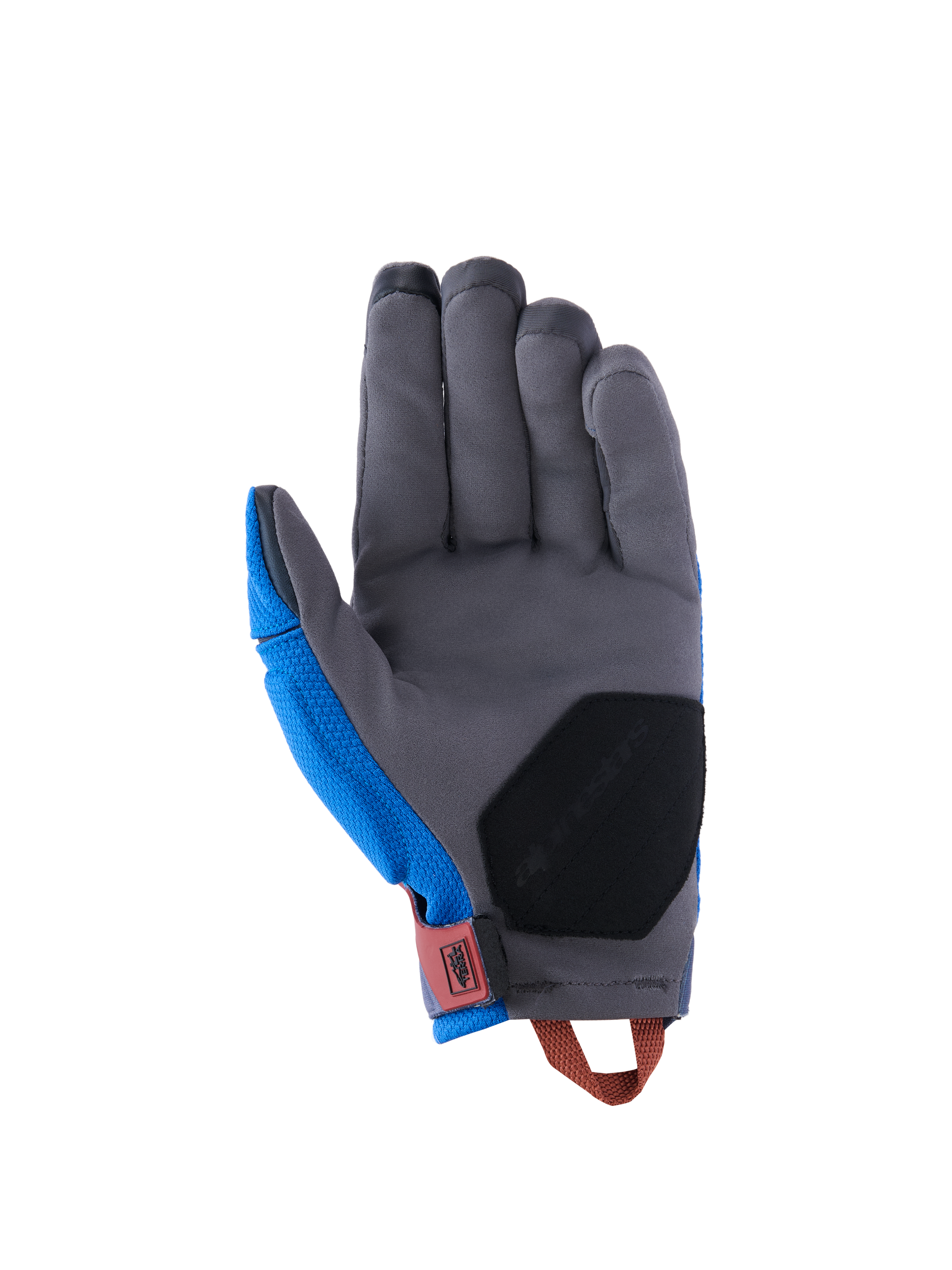 Alpinestars Durack Handschuhe, Adventure-Motorradhandschuhe, Royalblau und Dunkelgrau, Handflächenansicht mit grauer Konstruktion aus synthetischem Wildleder, schwarzer Verstärkungspolsterung am Handballen, roter Handgelenklasche und orangefarbener Anziehschlaufe.