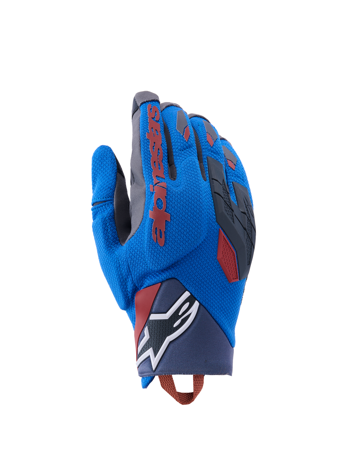 Alpinestars Durack Handschuhe, Adventure-Motorradhandschuhe, Königsblau und Dunkelgrau, Textil-Handrücken mit TPR-Knöchelschutz, rotes Alpinestars-Logo auf dem Zeigefinger, weißes Stern-Logo am Handgelenk, leichter Sommerschutz für Dual-Sport