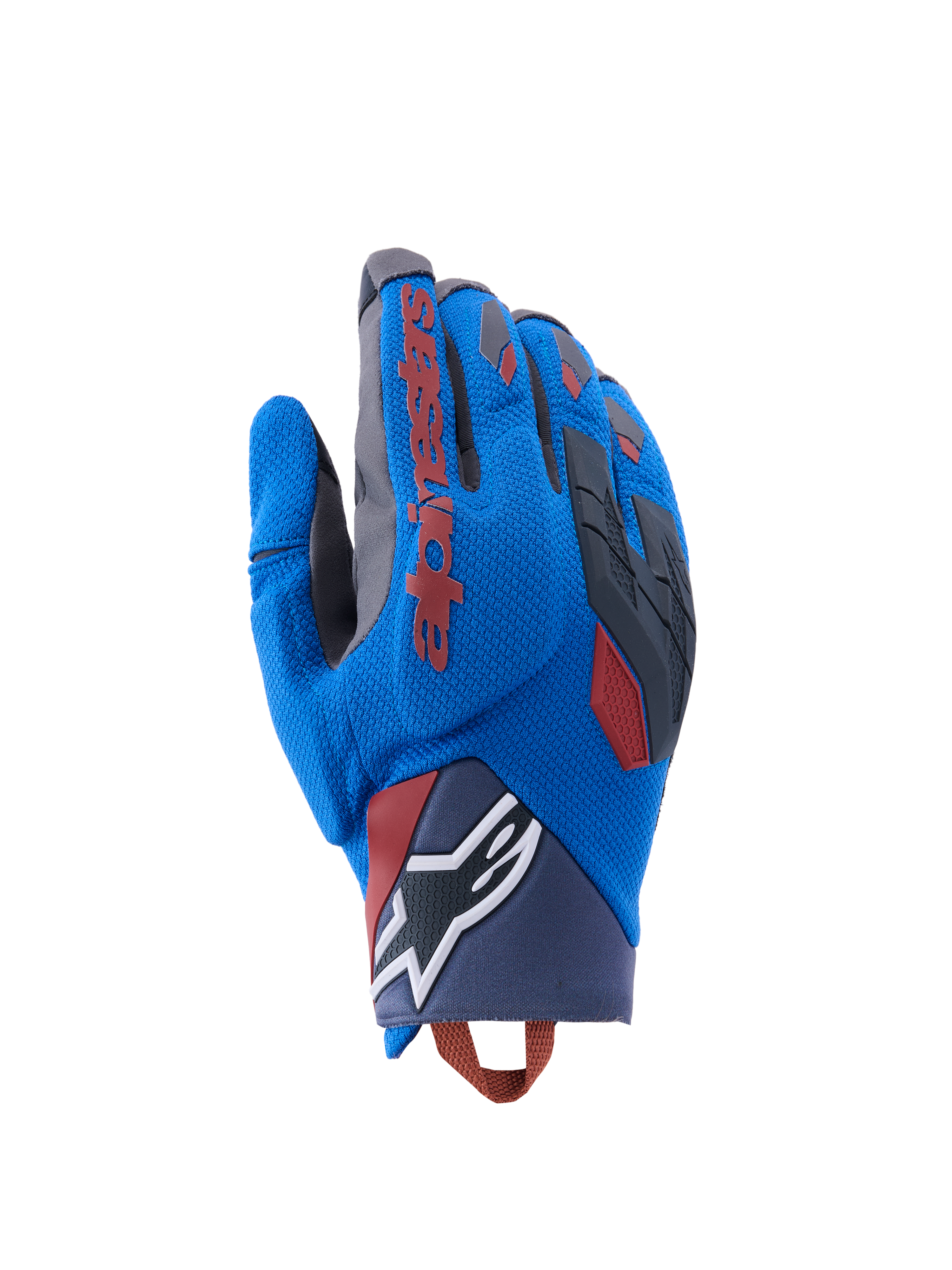 Alpinestars Durack Handschuhe, Adventure-Motorradhandschuhe, Königsblau und Dunkelgrau, Textil-Handrücken mit TPR-Knöchelschutz, rotes Alpinestars-Logo auf dem Zeigefinger, weißes Stern-Logo am Handgelenk, leichter Sommerschutz für Dual-Sport