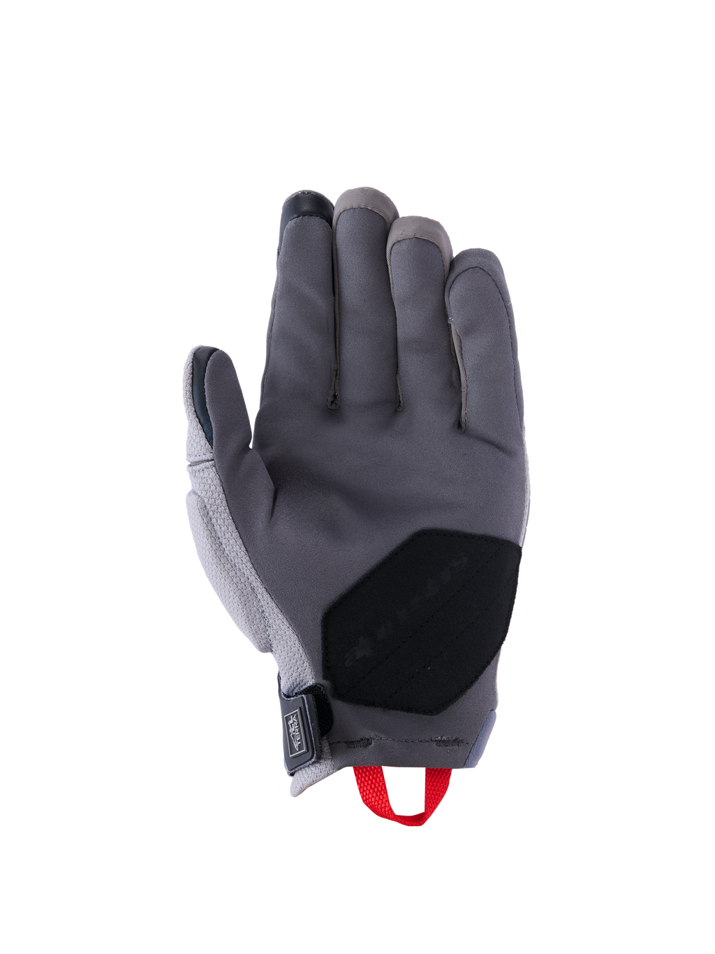 Alpinestars Durack Handschuhe, Motorradhandschuhe, Dunkelgrau und Mittelgrau, Innenhandansicht mit Konstruktion aus synthetischem Wildleder, schwarzem verstärktem Handflächeneinsatz, roter Anziehschlaufe und Neopren-Handgelenkverschluss, Abenteuer-Fahrerausrüstung mit kurzer Stulpe