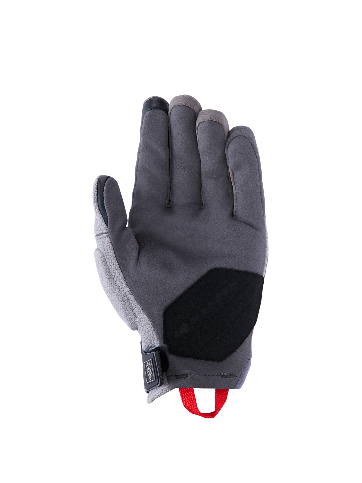 Alpinestars Durack Handschuhe, Motorradhandschuhe, Dunkelgrau und Mittelgrau, Innenhandansicht mit Konstruktion aus synthetischem Wildleder, schwarzem verstärktem Handflächeneinsatz, roter Anziehschlaufe und Neopren-Handgelenkverschluss, Abenteuer-Fahrerausrüstung mit kurzer Stulpe