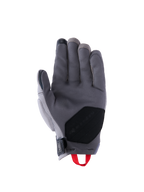 Alpinestars Durack Handschuhe, Motorradhandschuhe, Dunkelgrau und Mittelgrau, Innenhandansicht mit Konstruktion aus synthetischem Wildleder, schwarzem verstärktem Handflächeneinsatz, roter Anziehschlaufe und Neopren-Handgelenkverschluss, Abenteuer-Fahrerausrüstung mit kurzer Stulpe