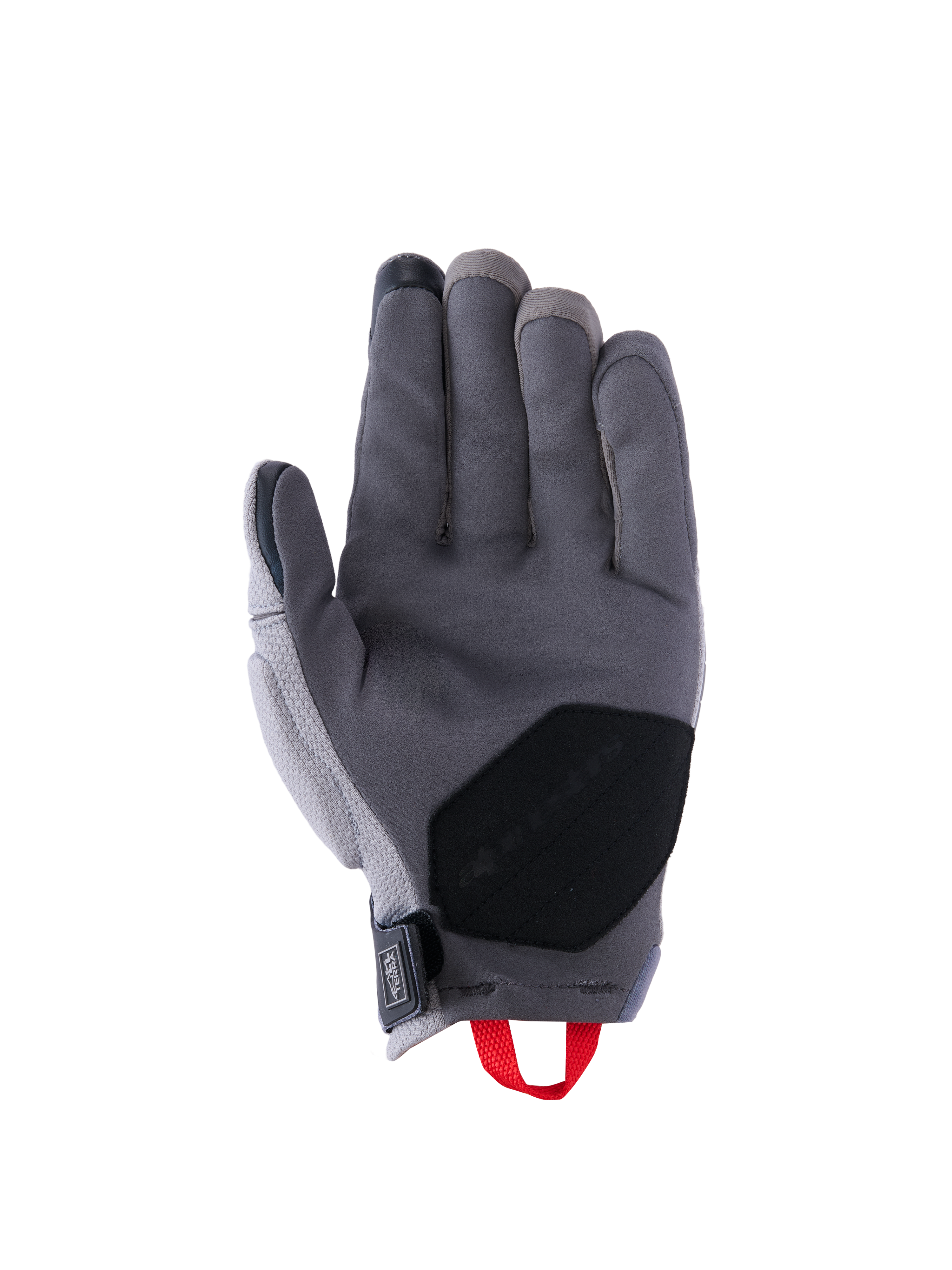 Alpinestars Durack Handschuhe, Motorradhandschuhe, Dunkelgrau und Mittelgrau, Innenhandansicht mit Konstruktion aus synthetischem Wildleder, schwarzem verstärktem Handflächeneinsatz, roter Anziehschlaufe und Neopren-Handgelenkverschluss, Abenteuer-Fahrerausrüstung mit kurzer Stulpe