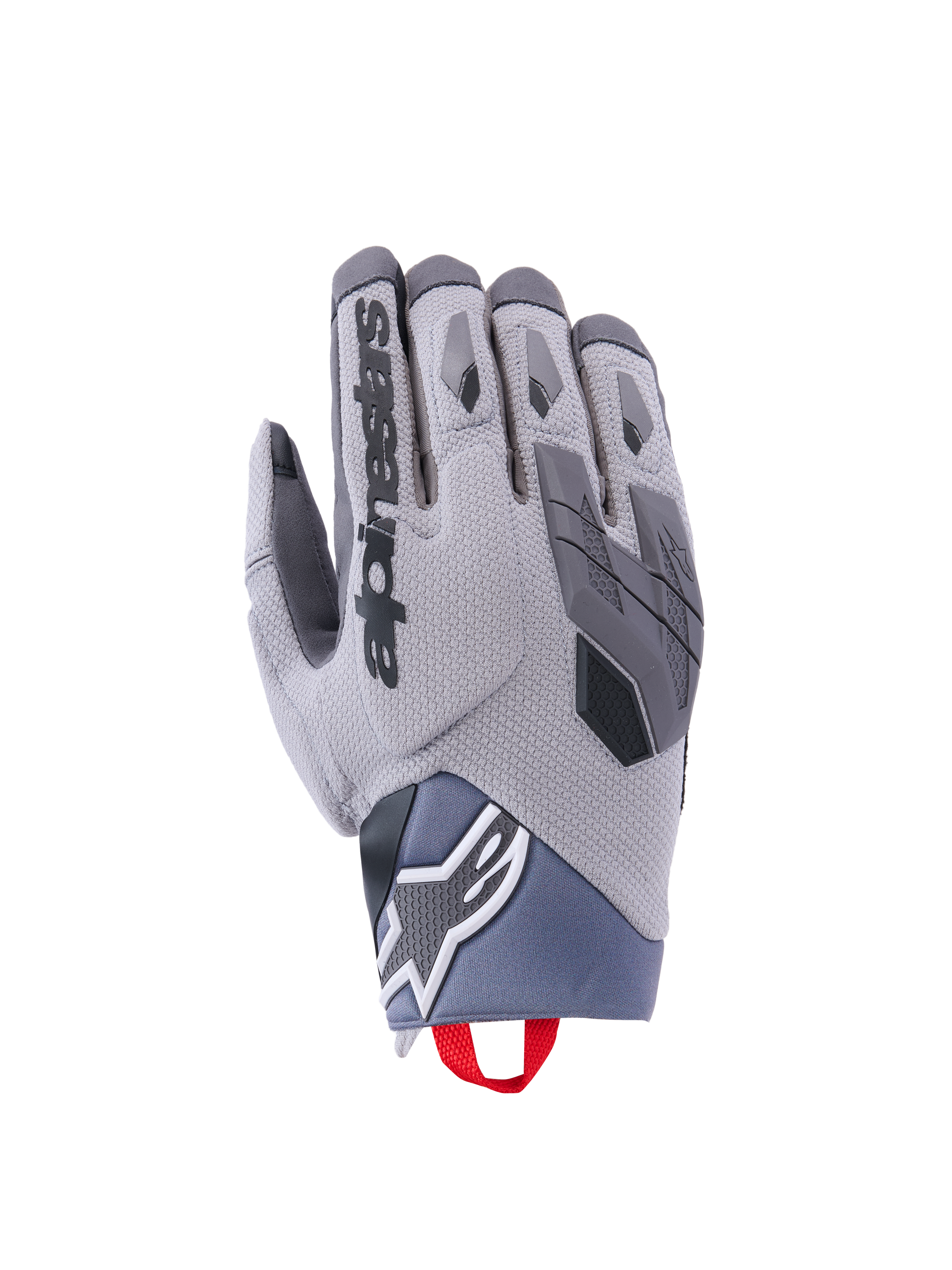 Alpinestars Durack Handschuhe, Motorradhandschuhe, Dunkelgrau und Mittelgrau, texturierte Spandex-Oberhand, TPR-Knöchelschutz, Alpinestars-Logo am Handgelenk, rote Anziehhilfe, moderne Adventure-Fahrausrüstung