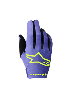 Alpinestars 2026 Radar Gloves, purple and yellow fluo motocross gloves featuring lightweight stretch construction.