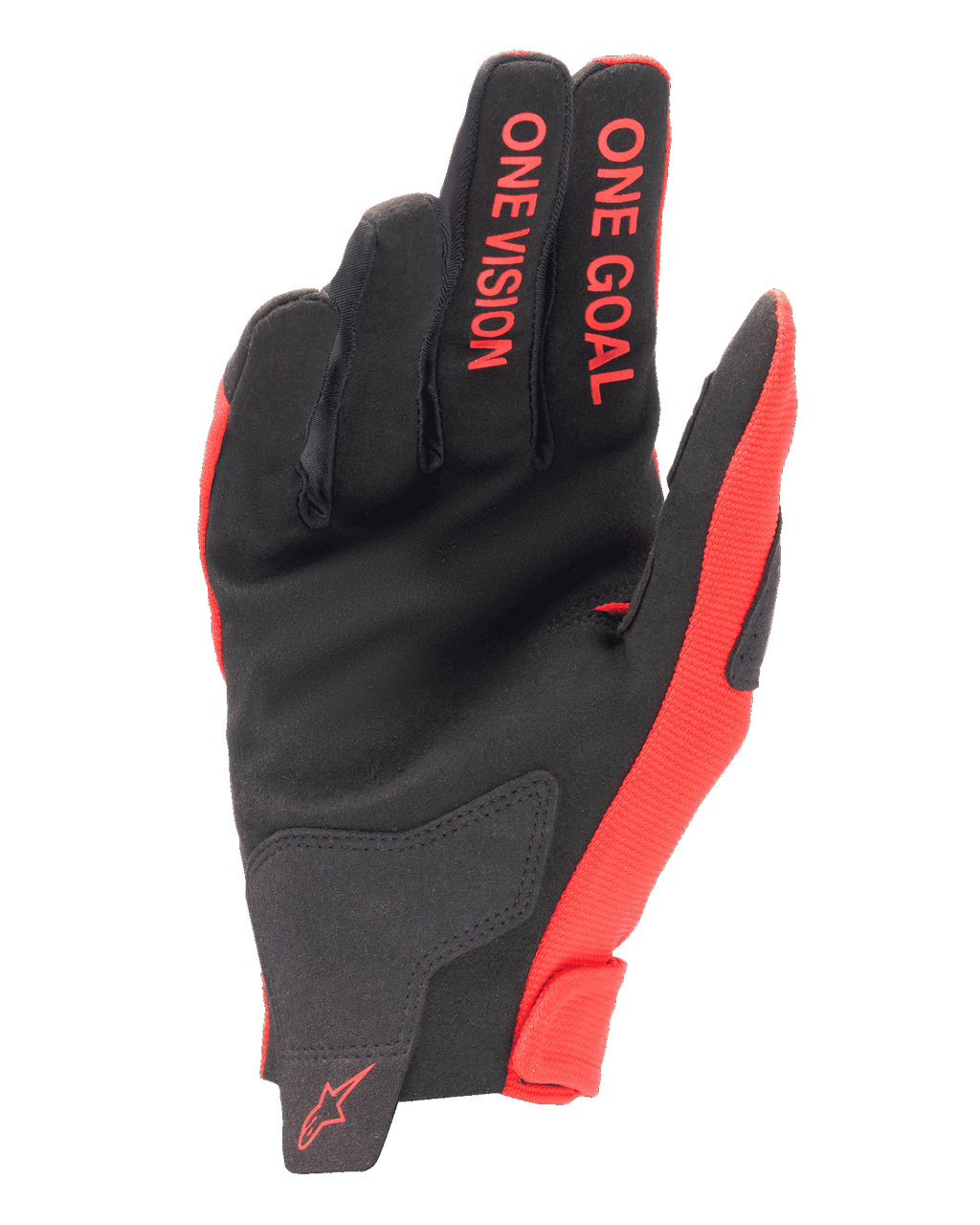 Alpinestars 2025 Radar Handschuhe, Motocross-Handschuhe, Mars Red und Schwarz, Ansicht der Handfläche aus synthetischem Wildleder, roter „ONE GOAL“ und „ONE VISION“ Schriftzug auf den Fingern, rotes Logo am Handgelenk, Hochleistungs-Offroad-Ausrüstung