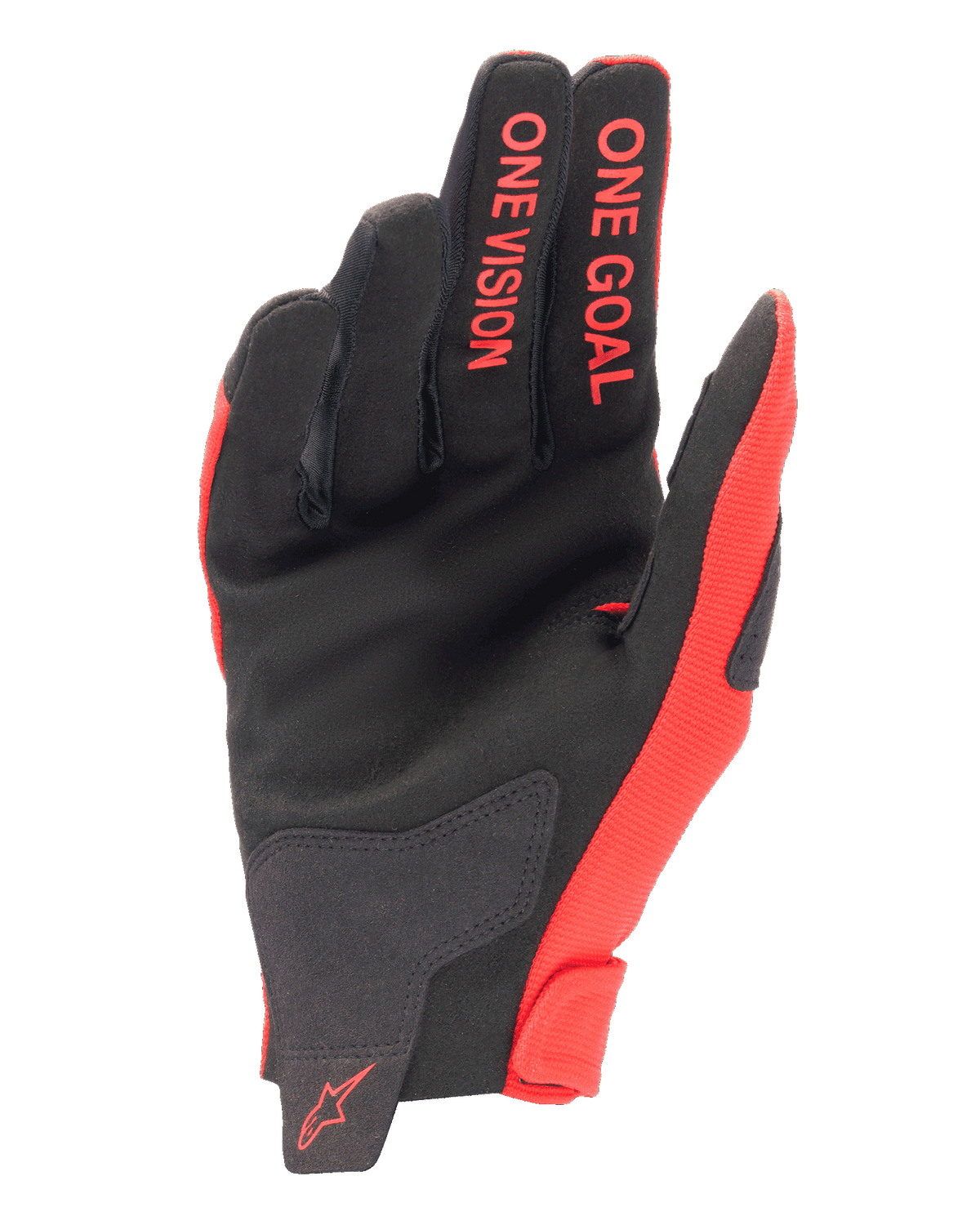 Alpinestars 2025 Radar Handschuhe, Motocross-Handschuhe, Mars Red und Schwarz, Ansicht der Handfläche aus synthetischem Wildleder, roter „ONE GOAL“ und „ONE VISION“ Schriftzug auf den Fingern, rotes Logo am Handgelenk, Hochleistungs-Offroad-Ausrüstung