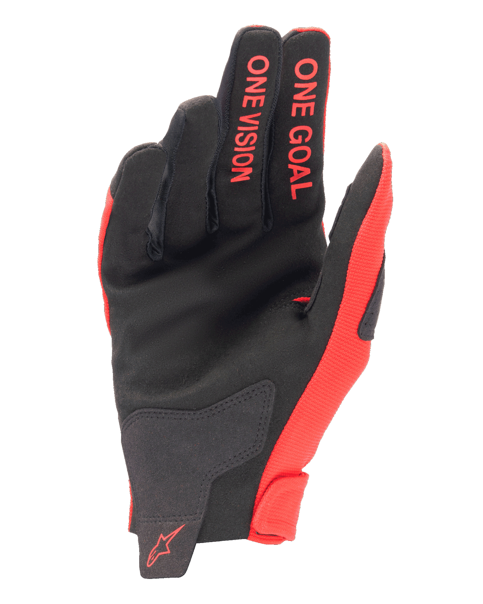 Alpinestars 2025 Radar Handschuhe, Motocross-Handschuhe, Mars Red und Schwarz, Ansicht der Handfläche aus synthetischem Wildleder, roter „ONE GOAL“ und „ONE VISION“ Schriftzug auf den Fingern, rotes Logo am Handgelenk, Hochleistungs-Offroad-Ausrüstung