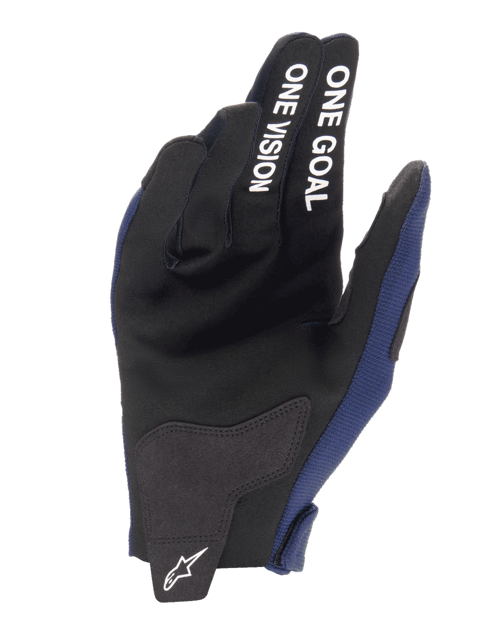 Alpinestars 2025 Radar Handschuhe, Motocross-Handschuhe, Night Navy und Weiß, Handflächenansicht mit Verstärkungen aus synthetischem Wildleder, weißer „ONE GOAL ONE VISION“ Text auf den Fingern, weißes Alpinestars-Logo auf der Verschlusslasche
